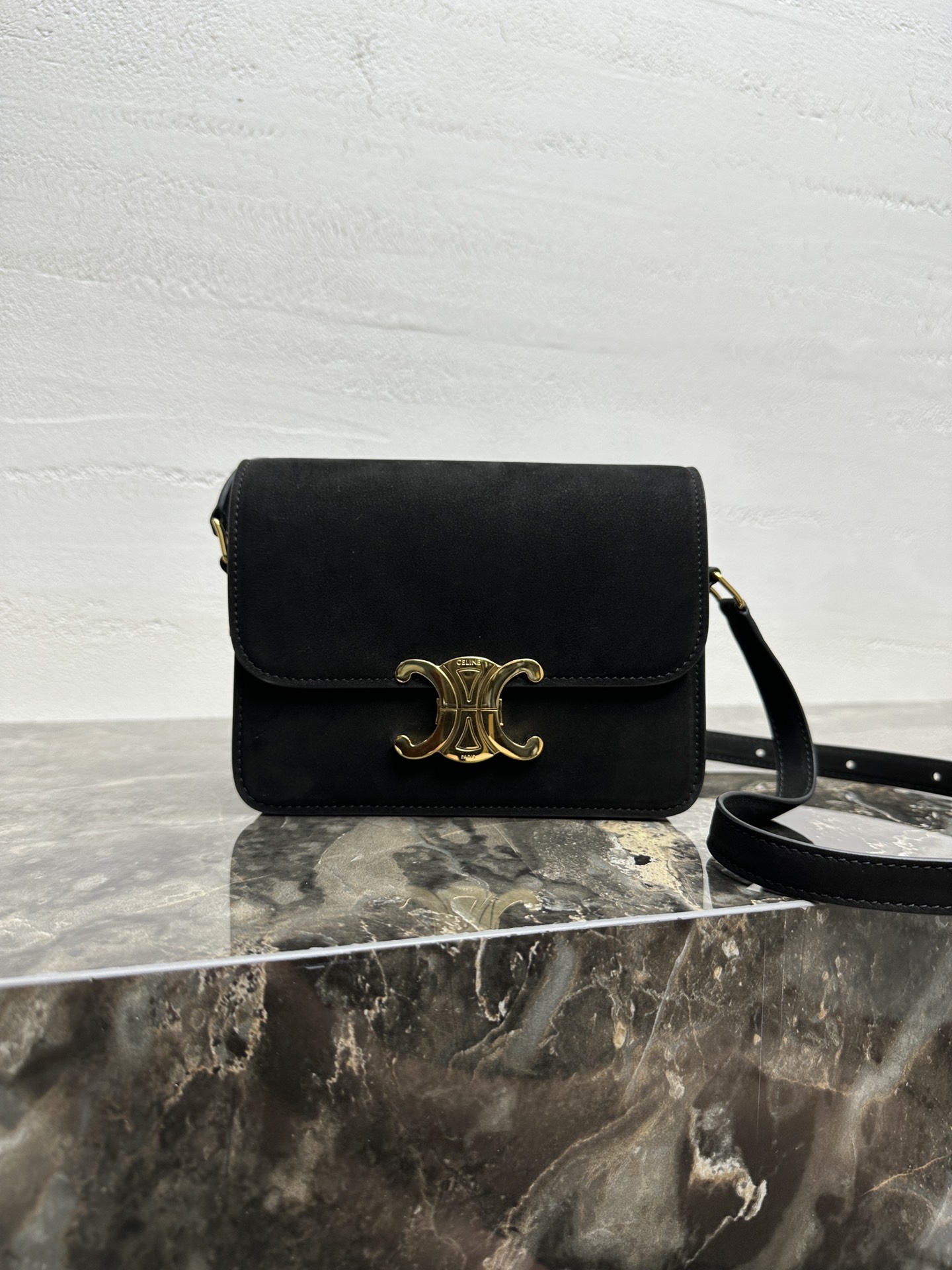 CELINE Teen Triomphe Bag: Small Black Calfskin Leather Crossbody Handbag