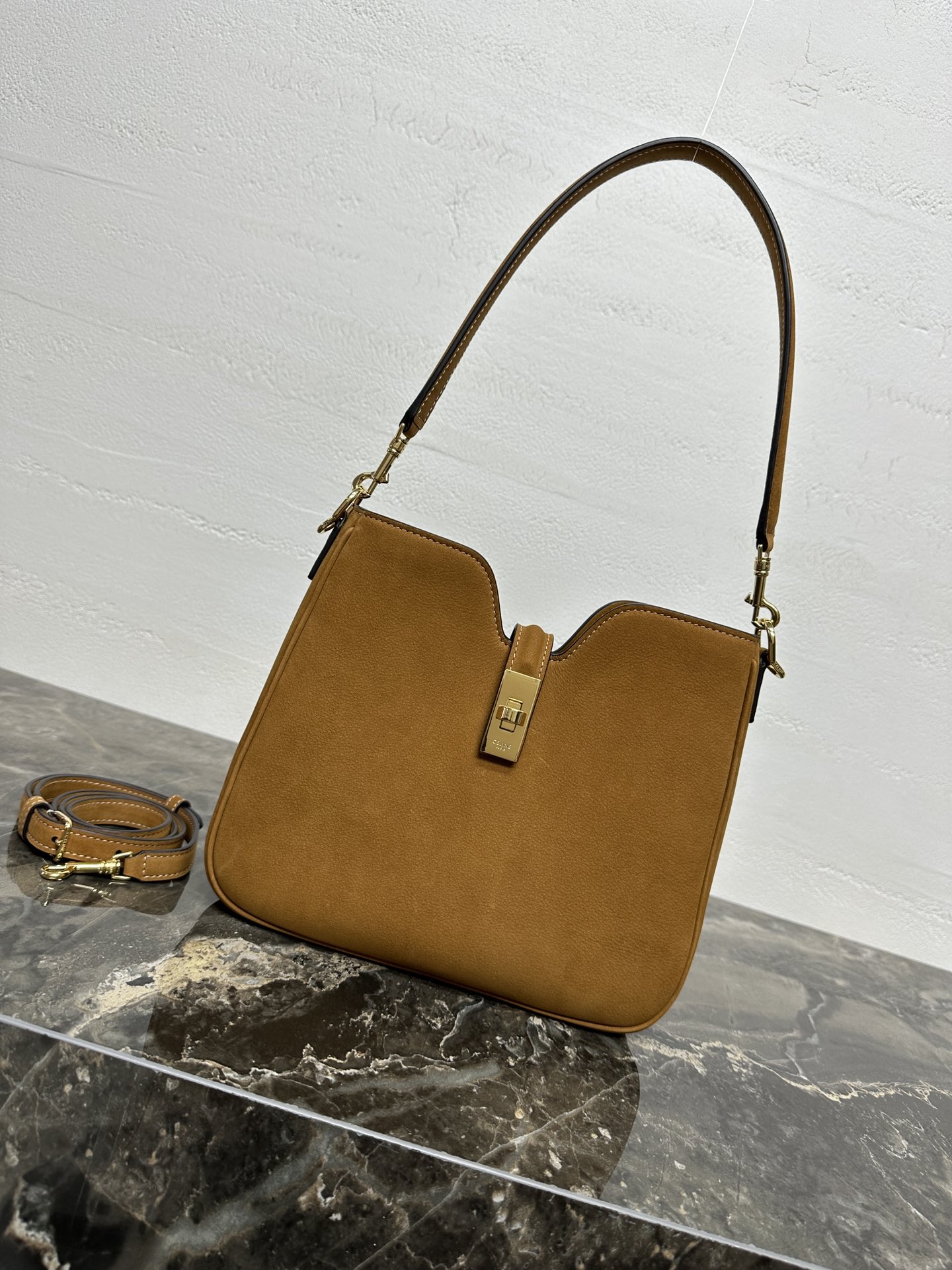 Camille 16 Soft Small Suede Calfskin Bag with Detachable Straps in Tan