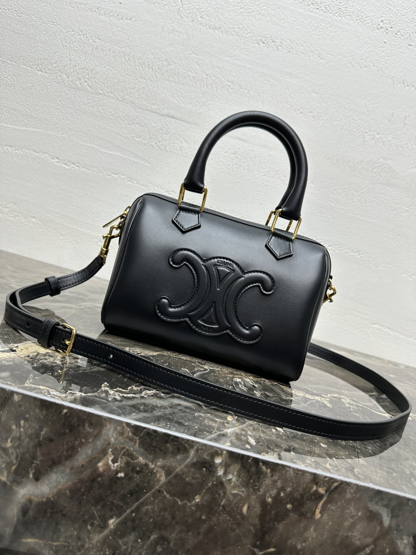 Celine Small Boston Bag in Smooth Calfskin with Gold Hardware, Black