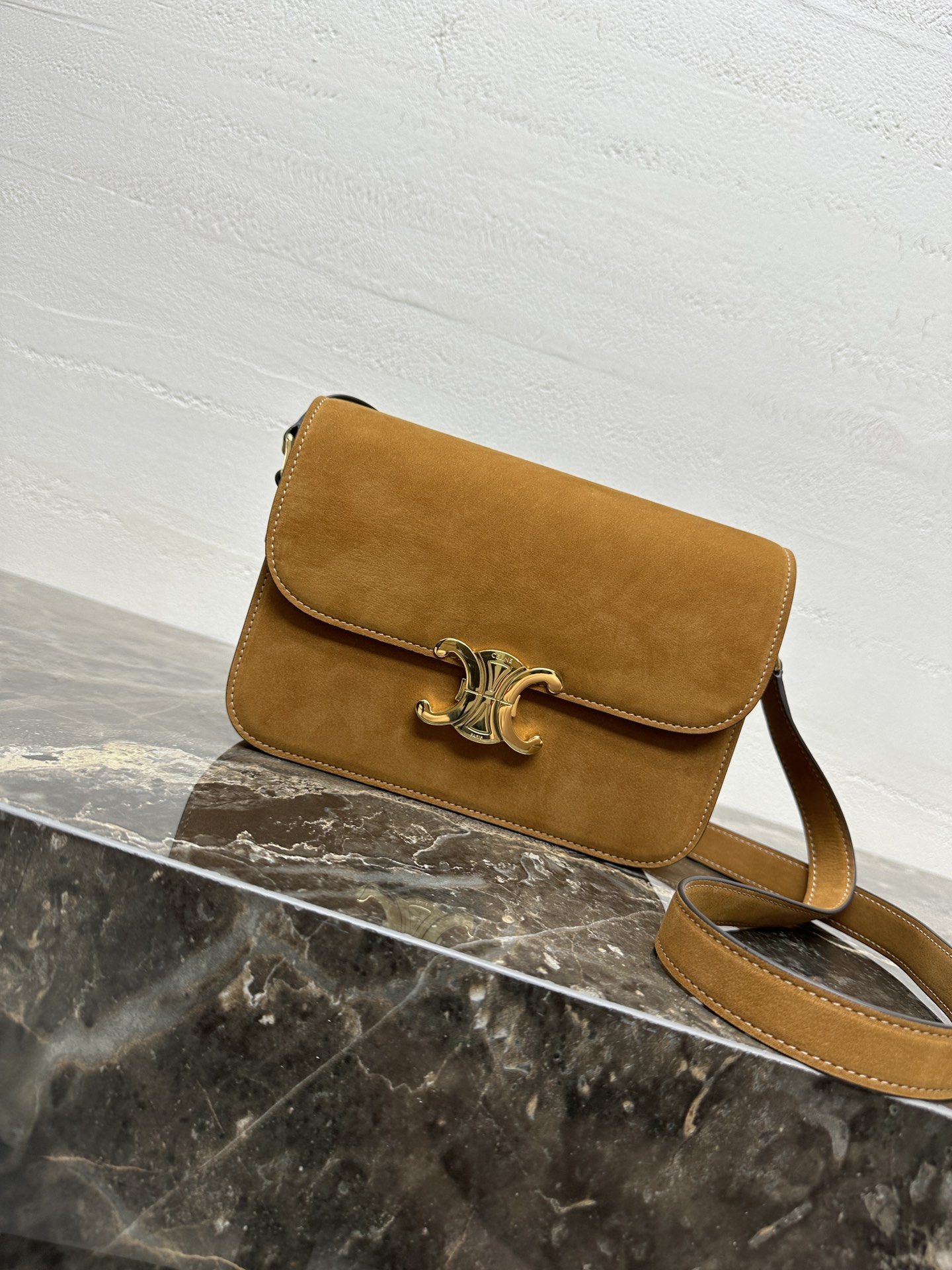 Celine Triomphe Medium Shoulder Bag in Tan Suede Calfskin Leather