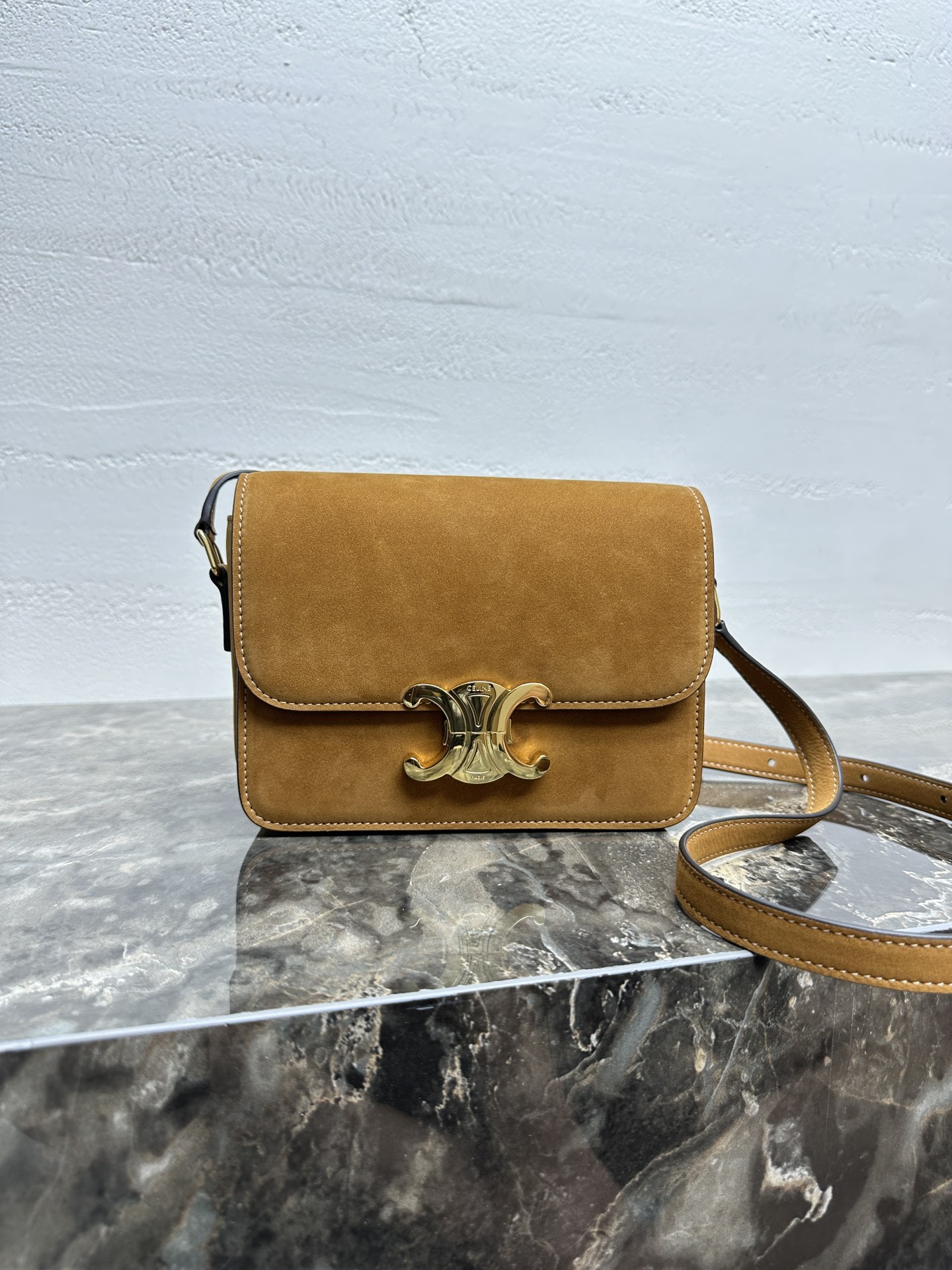 Celine Teen Triomphe Bag in Suede Calfskin with Adjustable Leather Strap