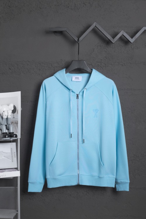 AMI 25FW New Classic Heart Embroidered Hooded Zip-Up Jacket in Blue 1 AMI 25FW New Classic Heart Embroidered Hooded Zip-Up Jacket in Blue
