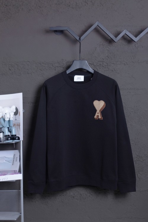AMI Paris Black Cotton Fleece Sweatshirt with Ami de Coeur Patch 1 AMI Paris Black Cotton Fleece Sweatshirt with Ami de Coeur Patch