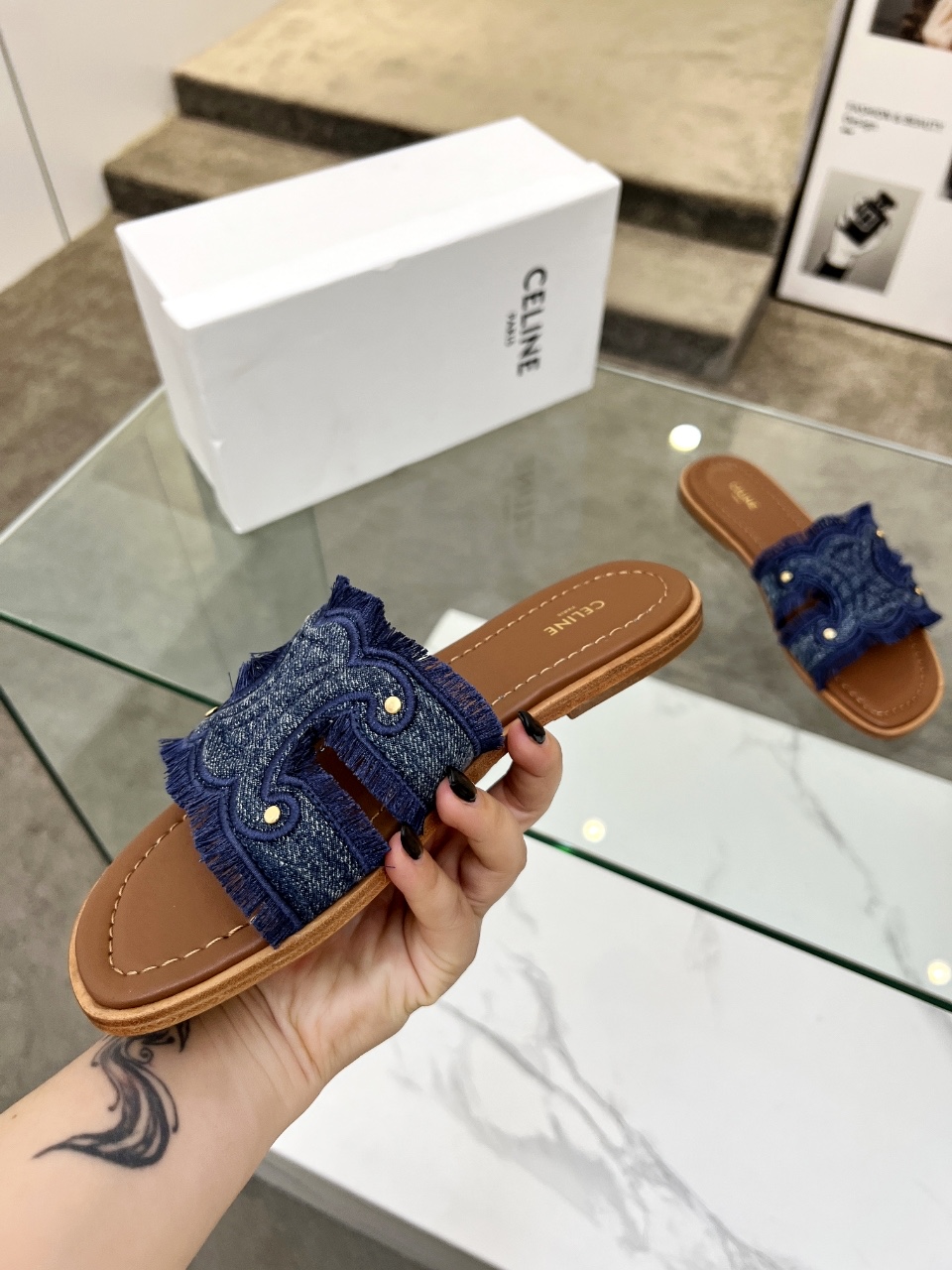 Celine 2025 Spring/Summer Women's Embroidered Denim Leather Sole Slides 7 i1746628589632 3005 0 5