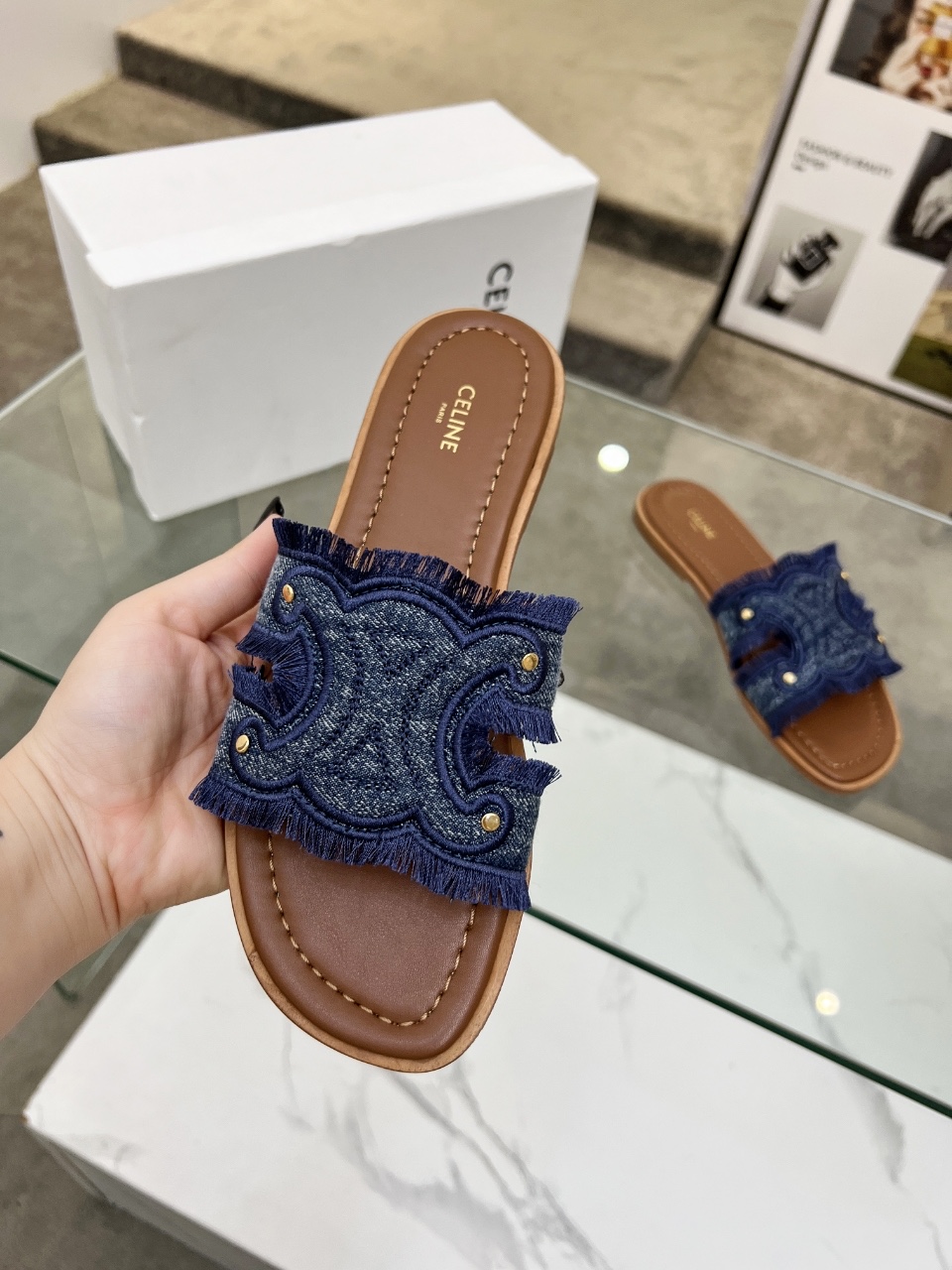 Celine 2025 Spring/Summer Women's Embroidered Denim Leather Sole Slides 8 i1746628589651 9415 0 6