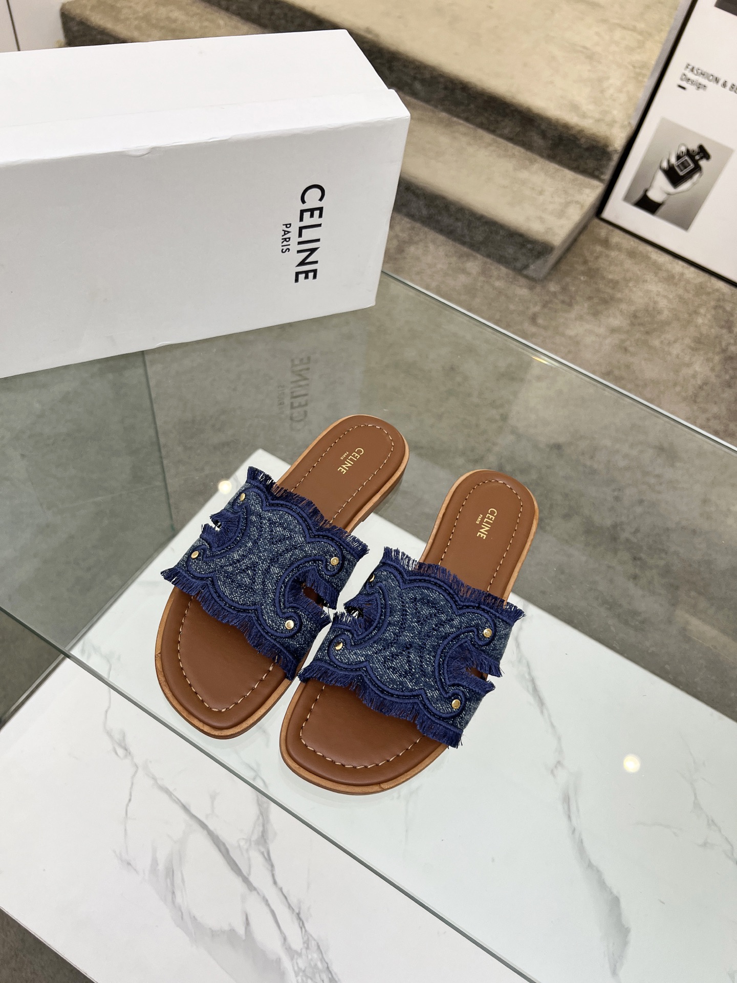 Celine 2025 Spring/Summer Women's Embroidered Denim Leather Sole Slides 3 i1746628590104 4674 0 0