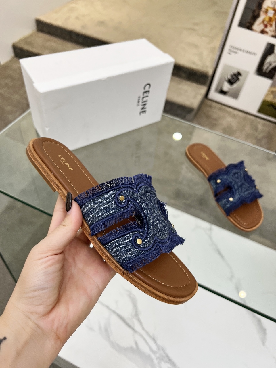 Celine 2025 Spring/Summer Women's Embroidered Denim Leather Sole Slides 6 i1746628591132 9563 0 4