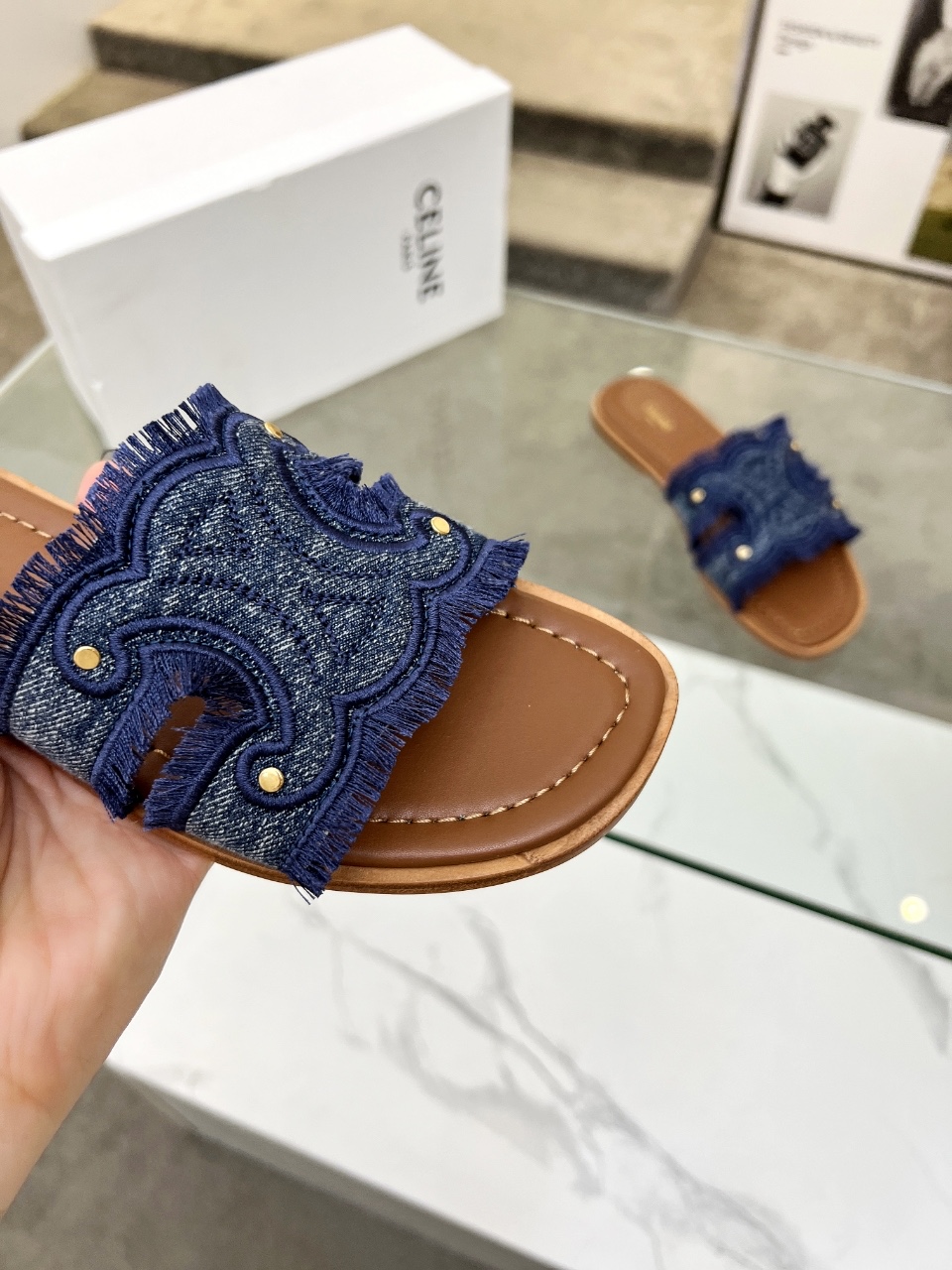 Celine 2025 Spring/Summer Women's Embroidered Denim Leather Sole Slides 9 i1746628591134 9571 0 7