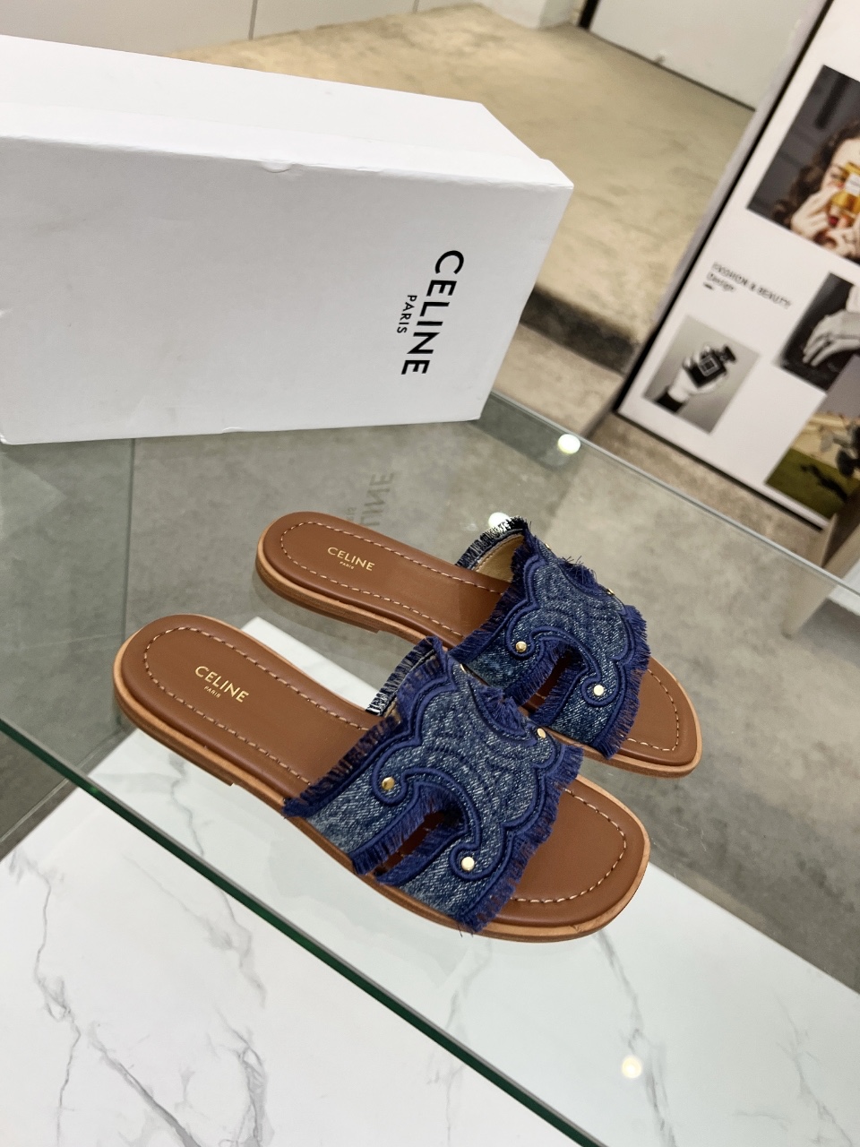 Celine 2025 Spring/Summer Women's Embroidered Denim Leather Sole Slides 9 Celine 2025 Spring/Summer Embroidered Denim Slides Leather Sole, Sizes 35-40