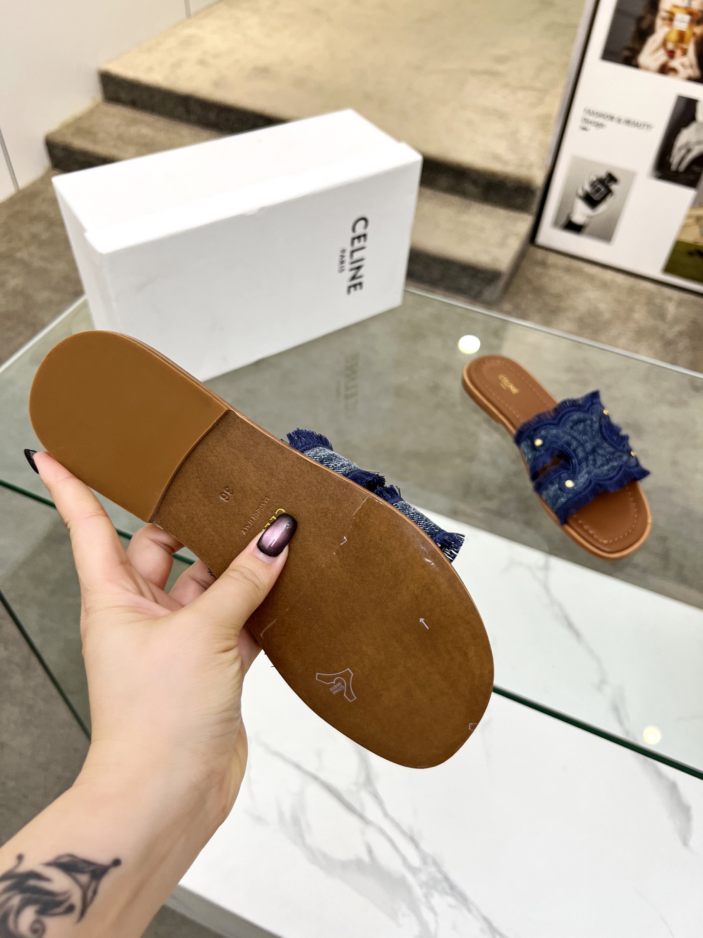 Celine 2025 Spring/Summer Women's Embroidered Denim Leather Sole Slides 10 i1746628591395 7013 0 8