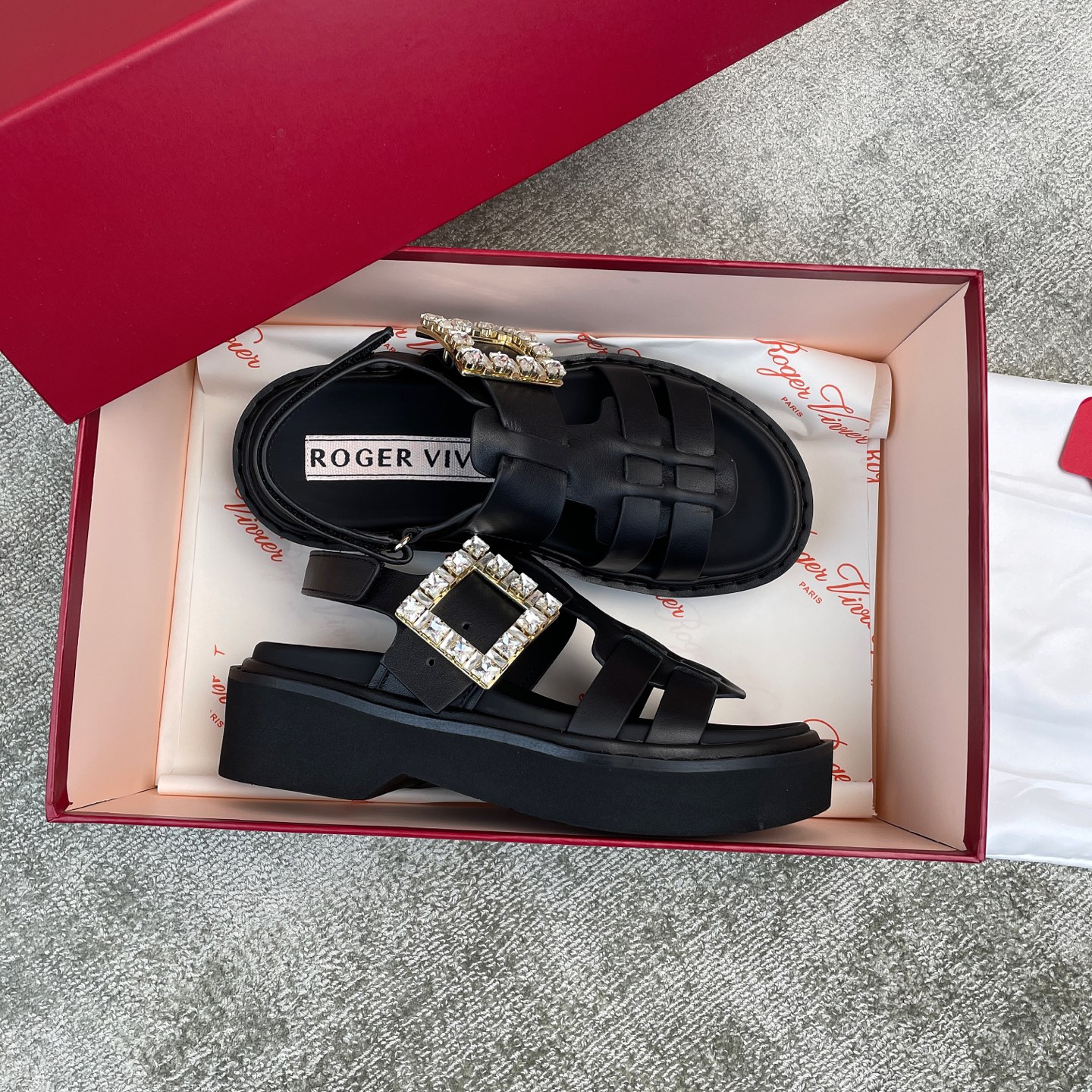 Roger Vivier RV25 Black Leather Platform Sandals with Crystal Buckle