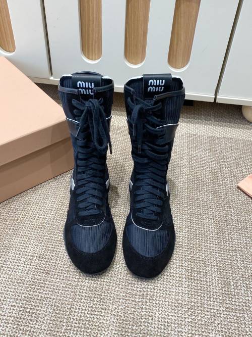 Miu Miu 25AW Ankle Boots - Sheepskin & Calfskin Leather, Net Fabric, Comfortable