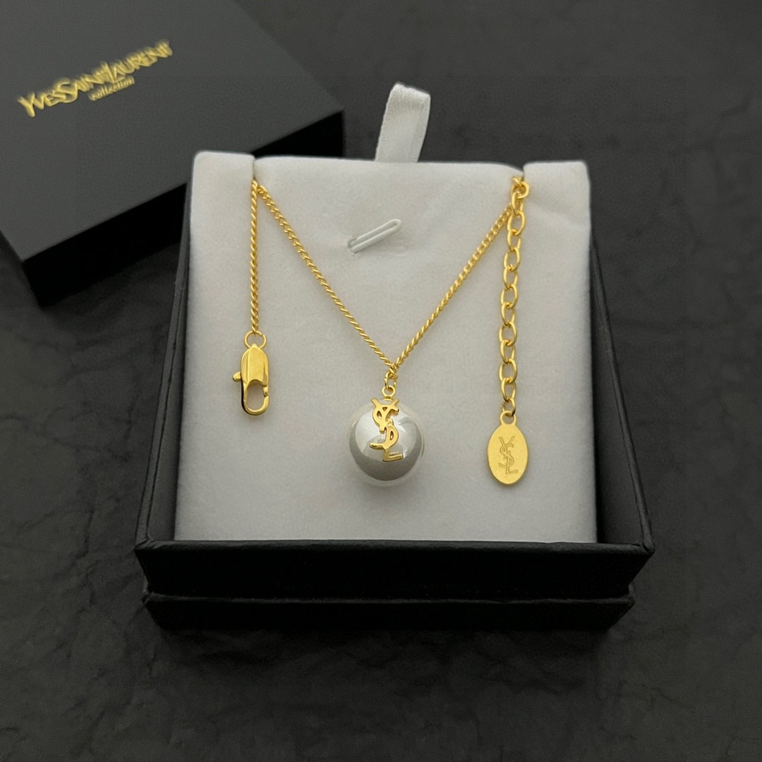 圣罗兰古铜金YSL珍珠项链原装黄铜材质优雅抽象大胆潮人必备款