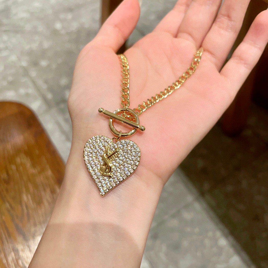 ⭕️最新款YSL 圣罗兰爱心❤️字母满钻项链👍原装带logo保色材质 Yves Saint Lauren