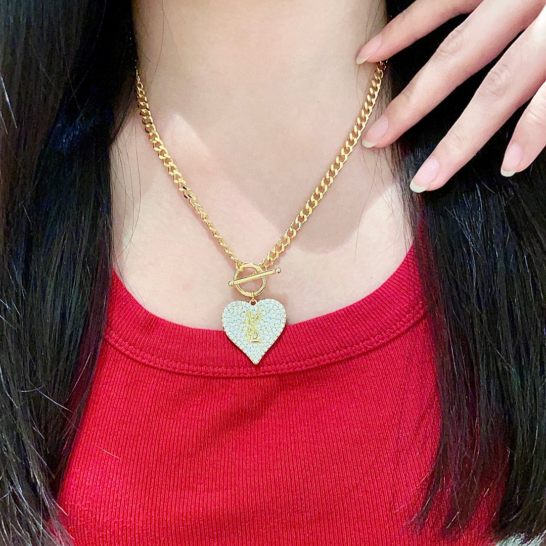 ⭕️最新款YSL 圣罗兰爱心❤️字母满钻项链👍原装带logo保色材质 Yves Saint Lauren
