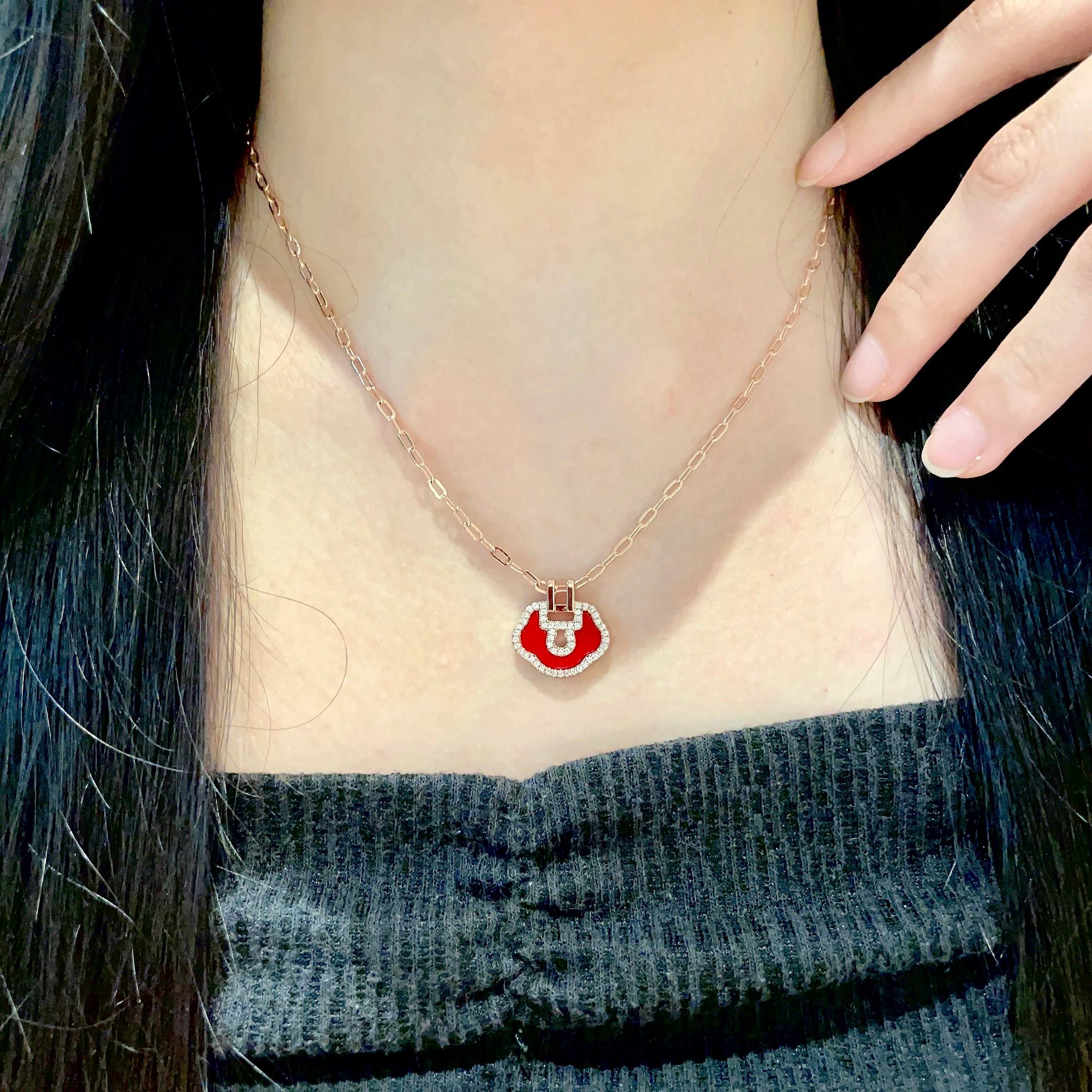 Qeelin Yu Yi Mini Ruyi necklace 18K rose gold red carnelian diamond 42cm