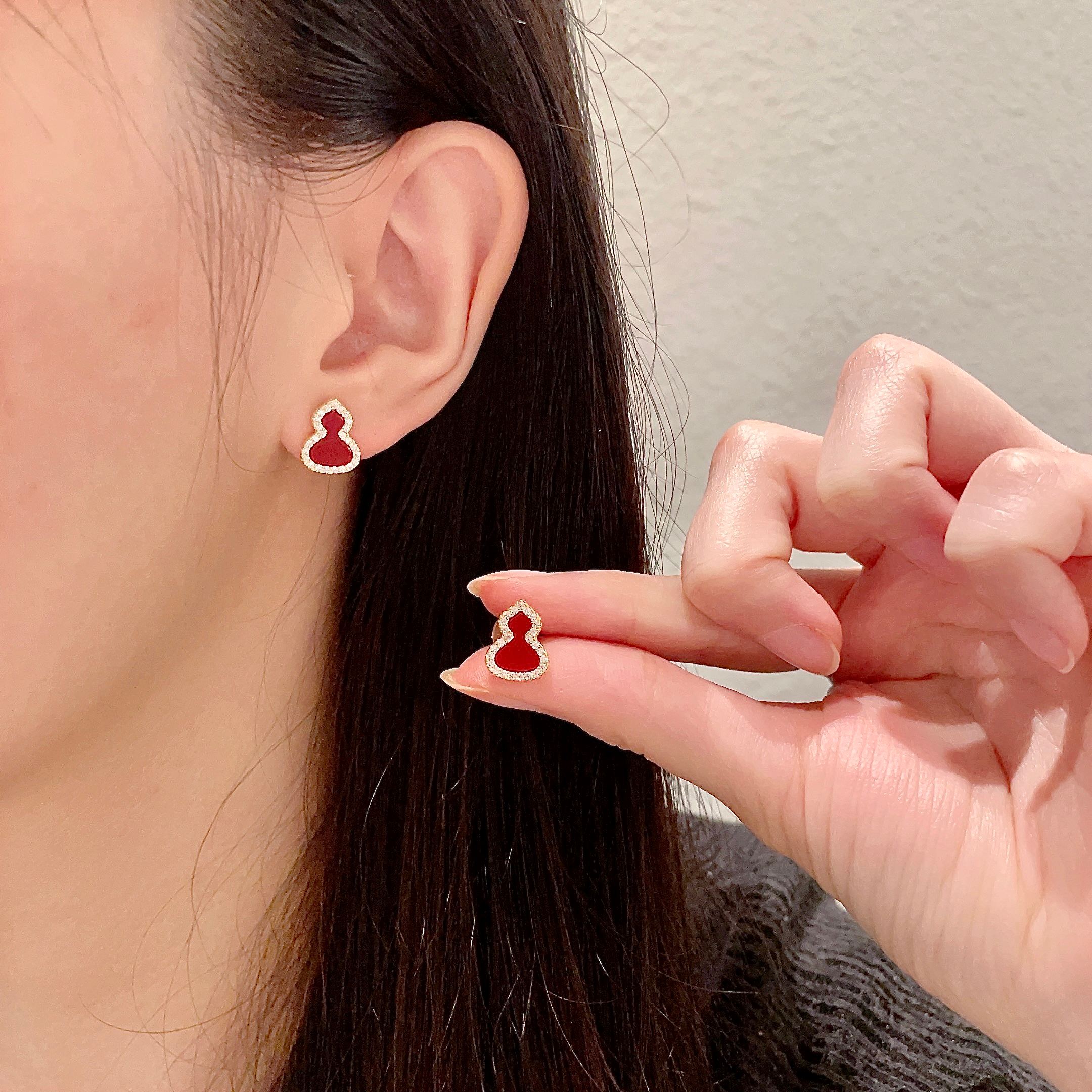 Qeelin Wulu Mini Gourd earrings 18k rose gold with red carnelian white mother-of-pearl and diamond accents 8mm stud length