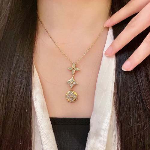 Louis Vuitton Gold-Plated Brass Double Flower Pendant Necklace 1 Louis Vuitton Gold-Plated Brass Double Flower Pendant Necklace