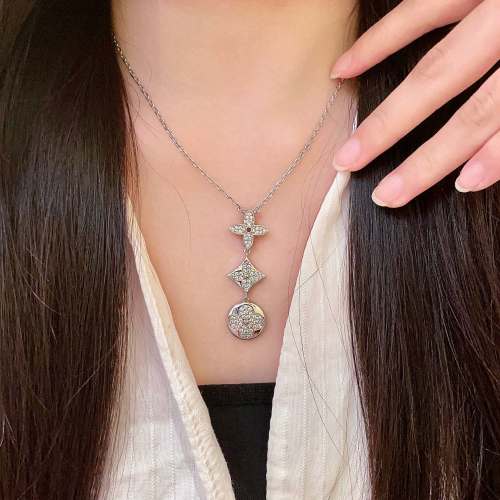 Louis Vuitton Silver-Tone Brass Pendant Necklace with Iconic Monogram Flowers