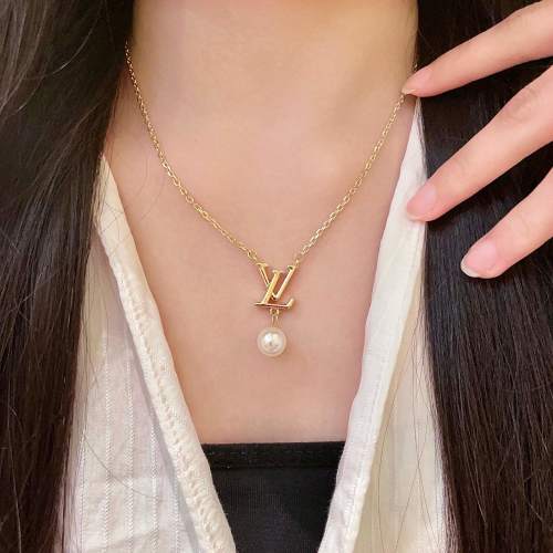 Louis Vuitton Gold-Tone Brass Necklace with Pearl Pendant 1 Louis Vuitton Gold-Tone Brass Necklace with Pearl Pendant