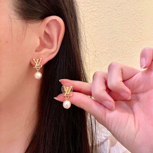 Louis Vuitton Earrings for Women,Gold LV Logo Pearl Drop Earrings 1 Louis Vuitton Earrings for Women,Gold LV Logo Pearl Drop Earrings