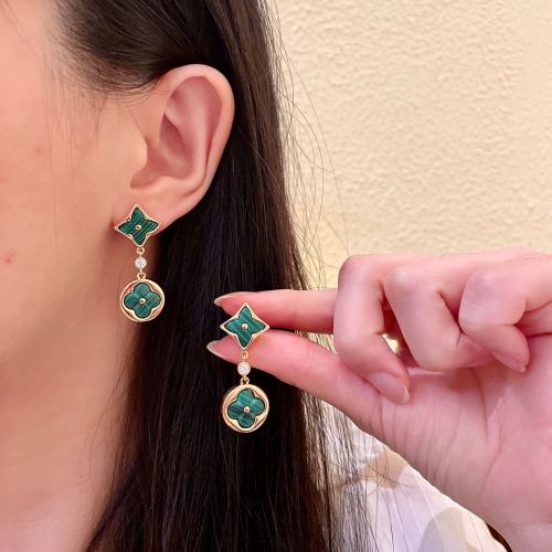 Louis Vuitton Inspired Clover Drop Earrings - Gold Tone with Green Stone