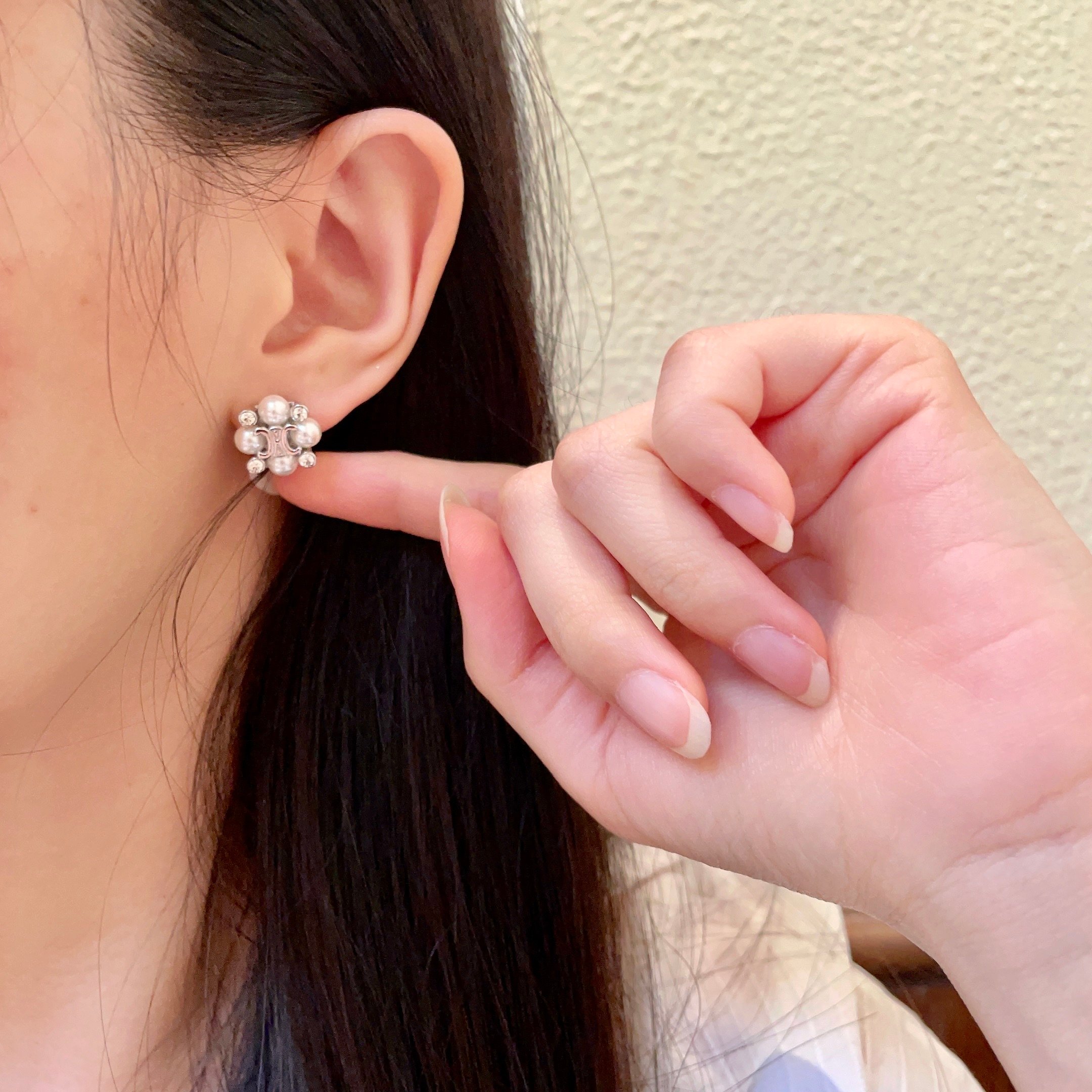 Celine Triomphe Pearl Cluster Stud Earrings earrings silver-toned metal white pearls clear crystal accents 1cm diameter