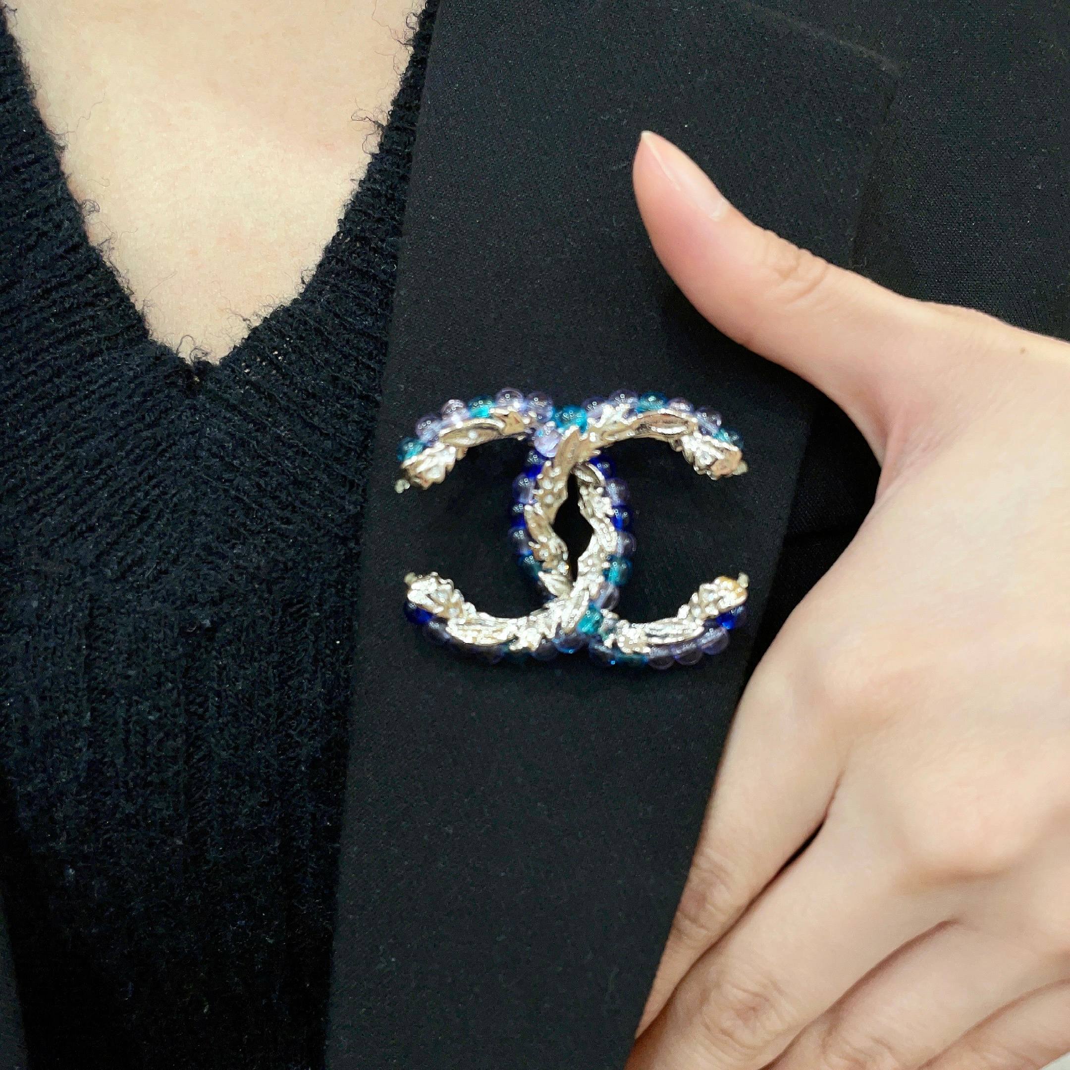 Chanel CC Logo Beaded Brooch brooch gold-tone metal with blue teal purple and pink glass beads 3 5cm width