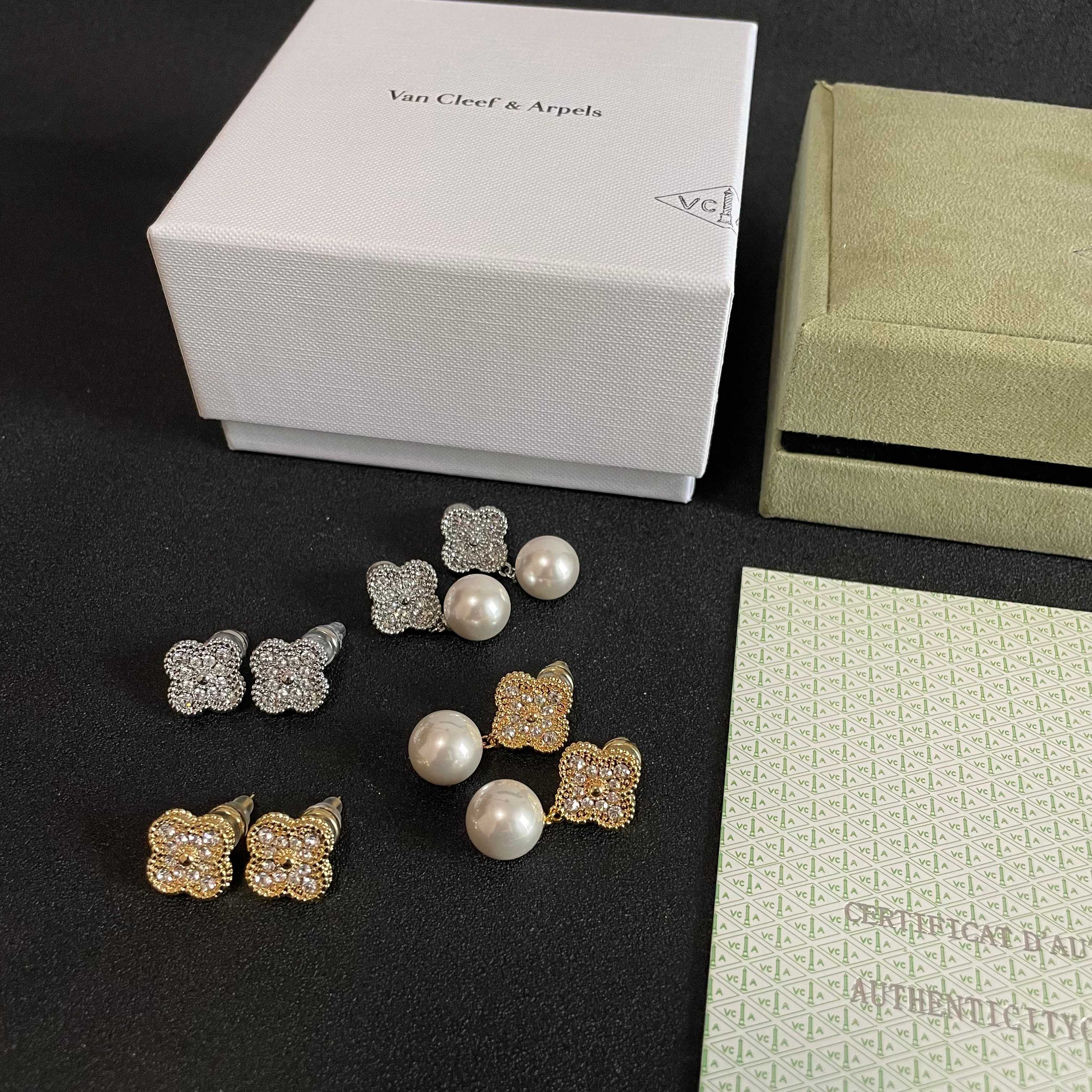 Van Cleef Arpels Alhambra earrings yellow gold clear diamond white pearl 2 5cm drop length