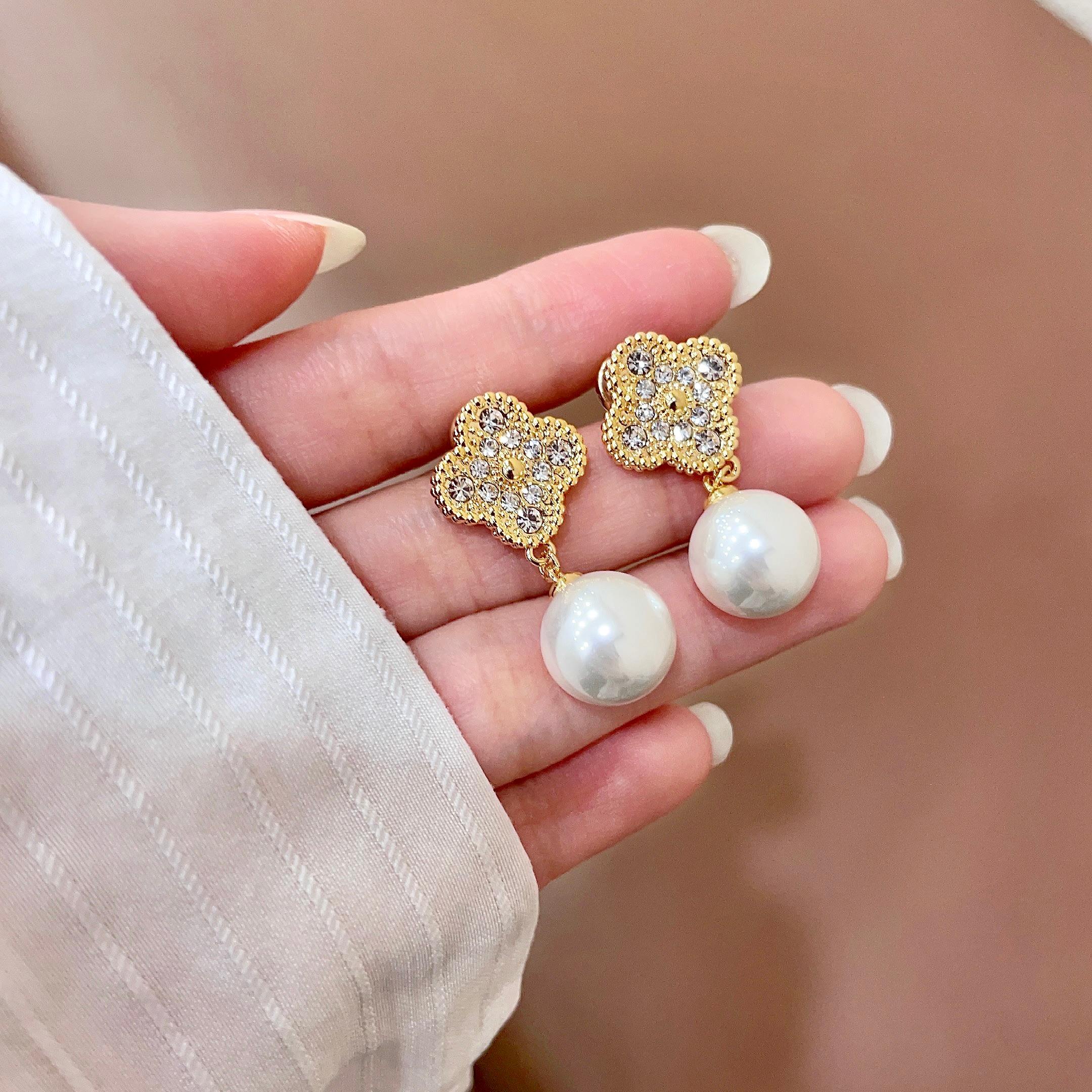Van Cleef Arpels Alhambra earrings yellow gold clear diamond white pearl 2 5cm drop length