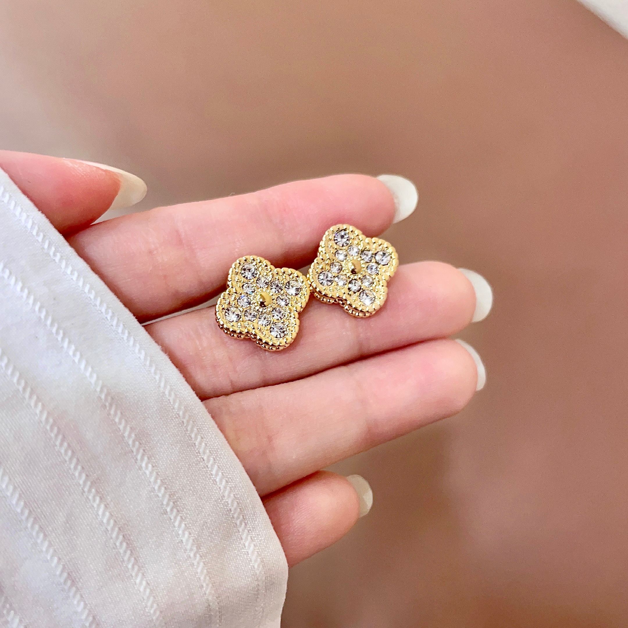 Van Cleef Arpels Vintage Alhambra earrings yellow gold with clear diamond pave 15mm motif diameter