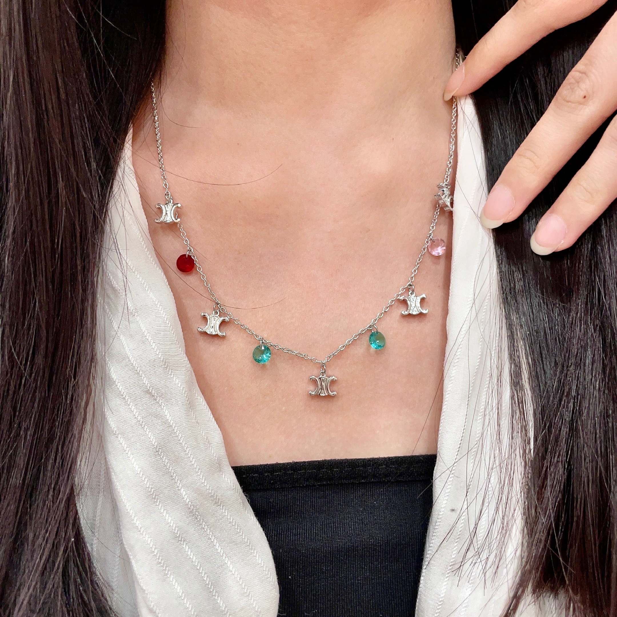 Celine Triomphe Multi Charm Necklace necklace Silver-toned metal with red pink teal and green faceted crystal charms 40cm