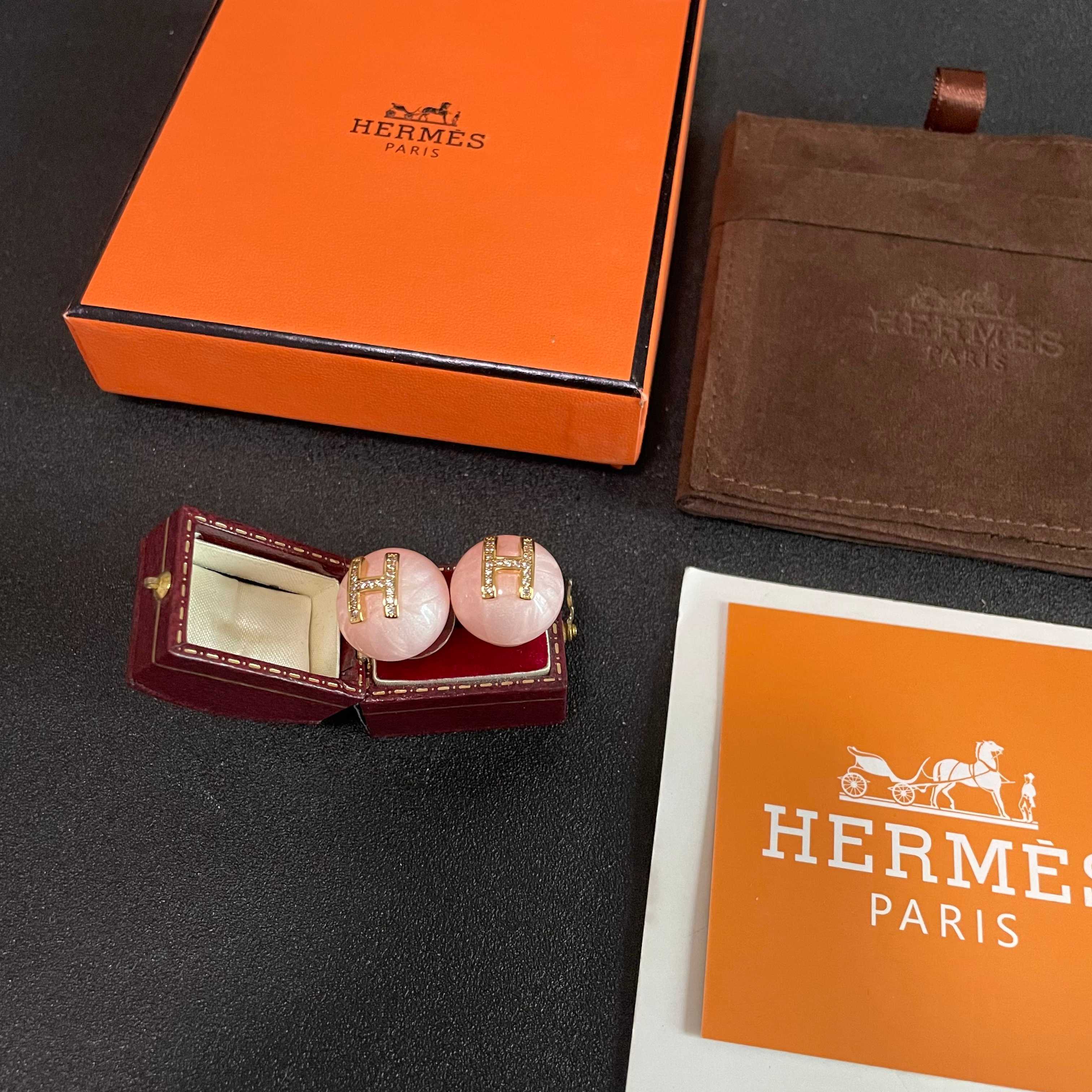 Hermes H Logo Round Stud Earrings earrings gold-tone metal with clear pave crystals pale pink resin base 1 5cm diameter