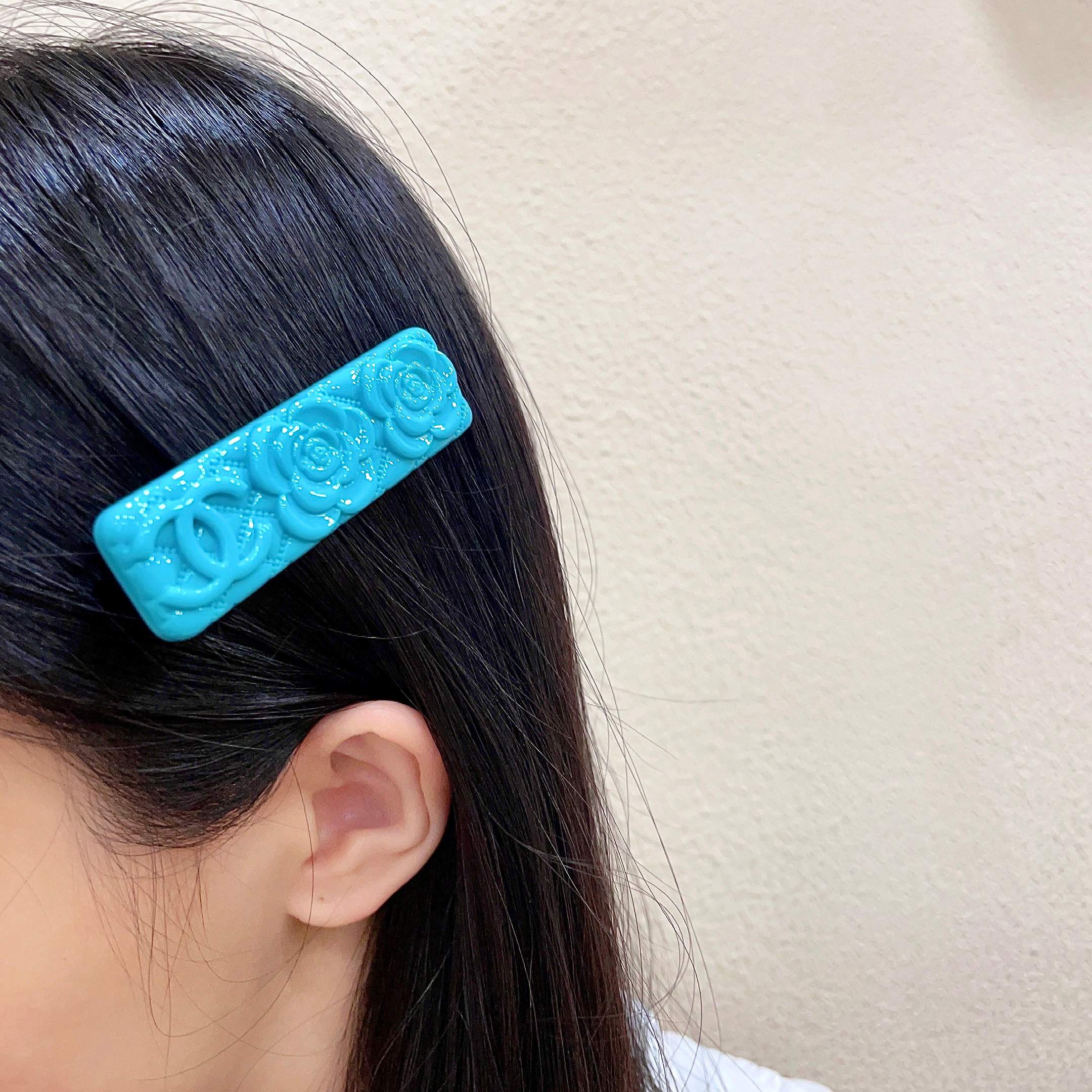 Chanel Camellia CC Quilted Hair Barrette brooch Turquoise glossy resin Ivory cream glossy resin 6cm