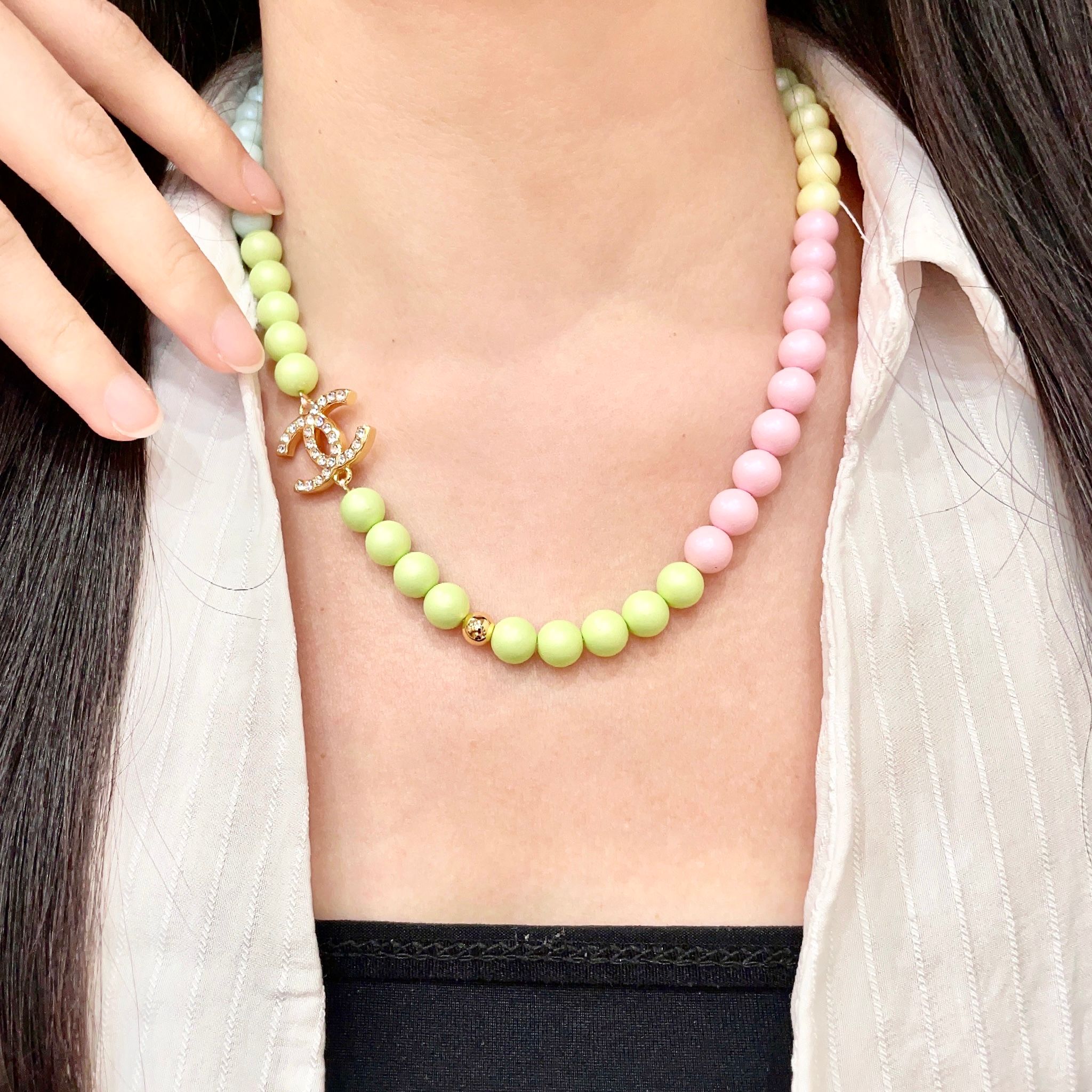 Chanel CC Logo Pastel Beaded Necklace necklace Gold-tone metal with clear crystals pastel mint green light blue pale yellow and pink beads 42cm