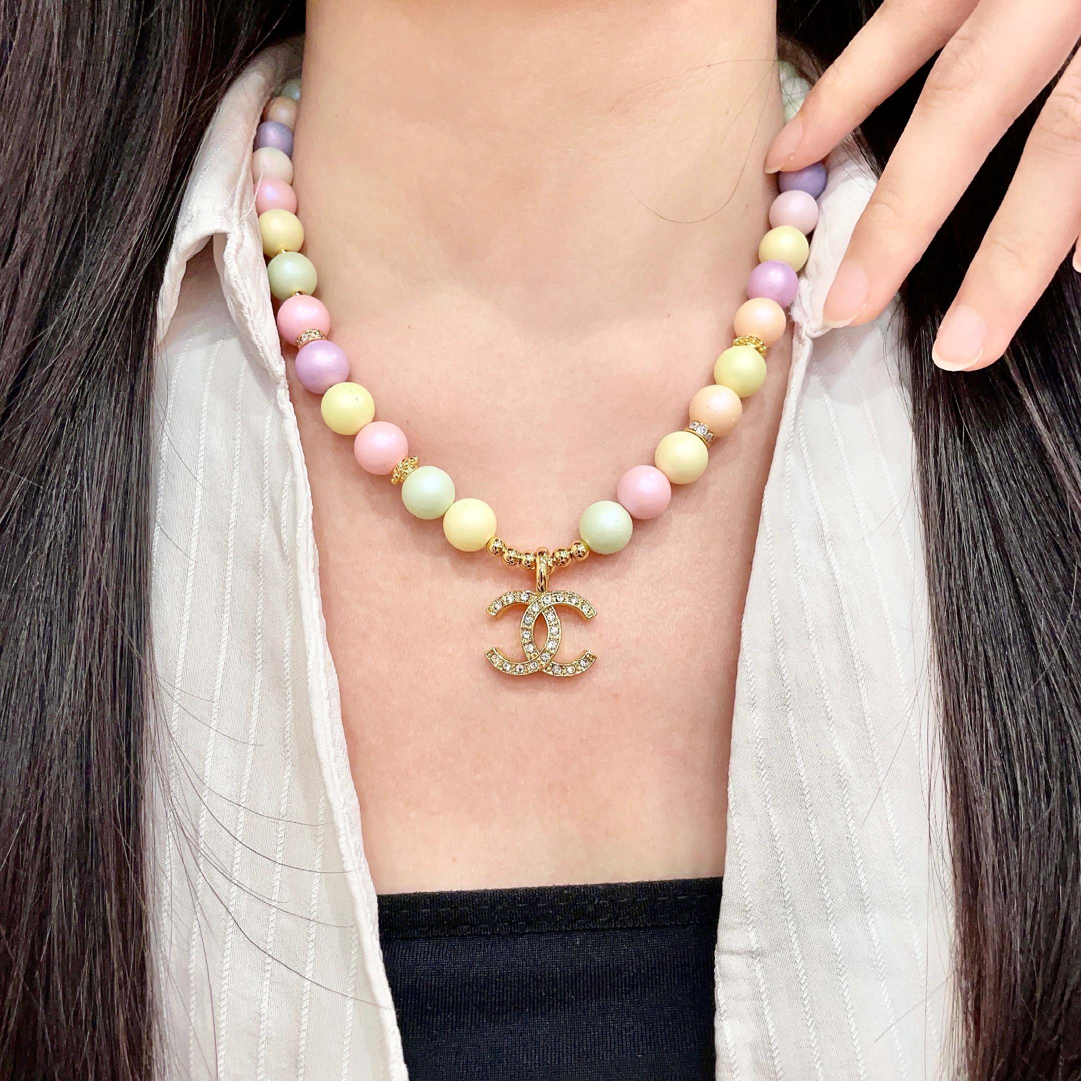 Chanel CC Logo Pastel Bead Necklace necklace Gold-tone metal with clear crystal accents pastel multicolor beads pink yellow mint green lavender peach cream 42cm with 5cm extender chain