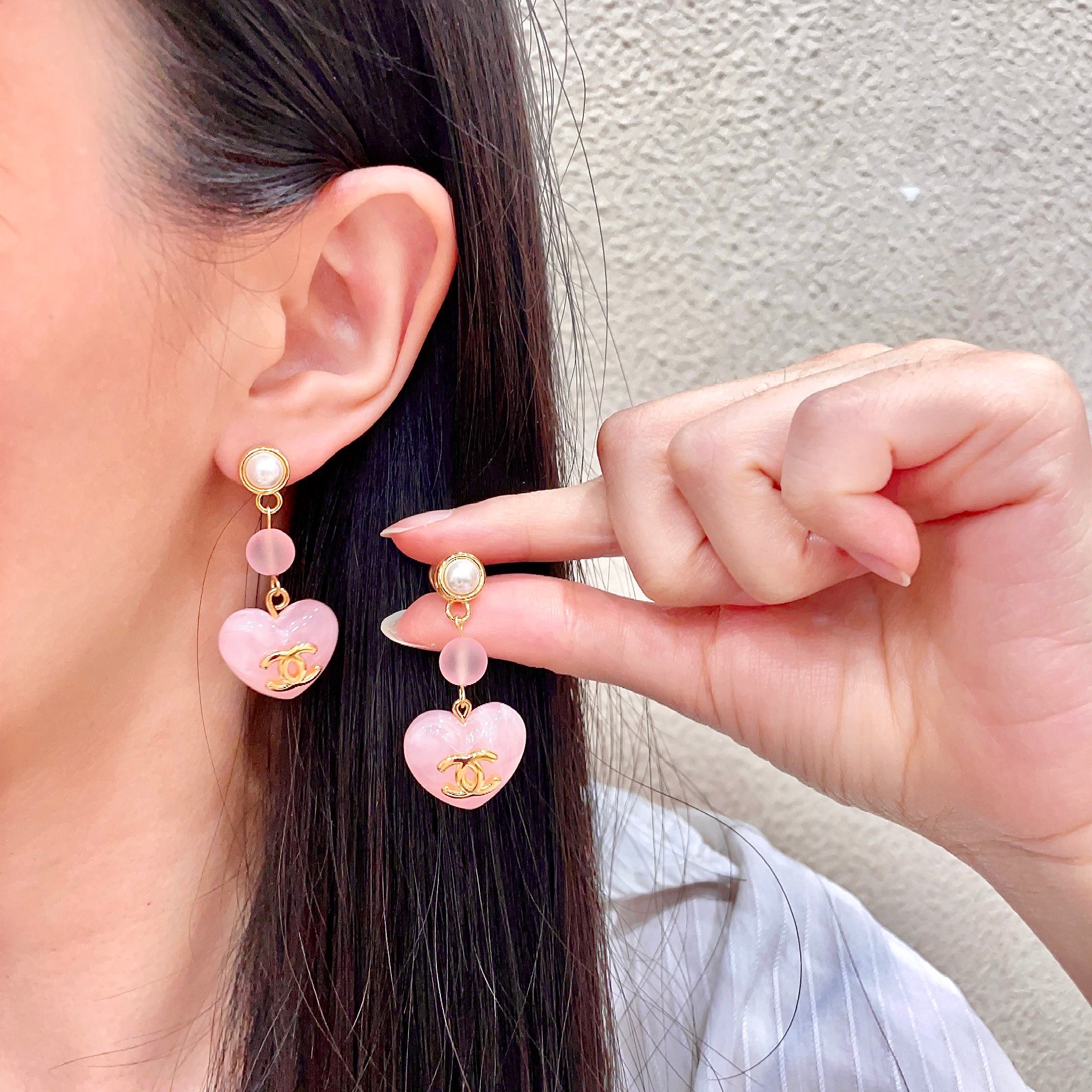 Chanel CC Heart Drop Earrings earrings Gold-tone metal pink resin white faux pearl 3 5cm drop length