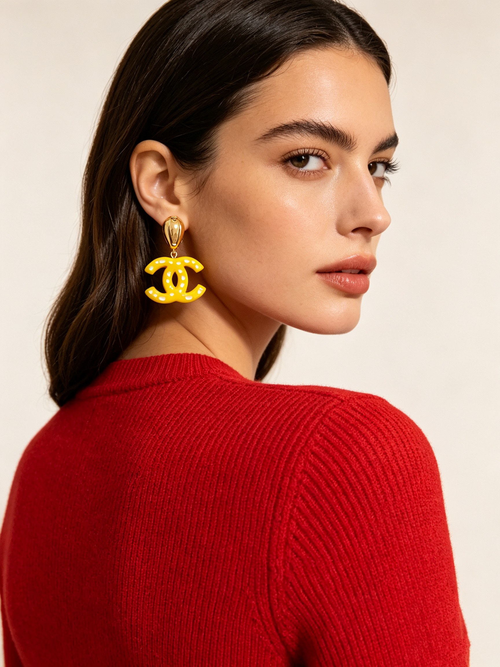 Chanel CC Drop Earrings earrings gold-tone metal bright yellow resin with white polka dots 4 5cm length