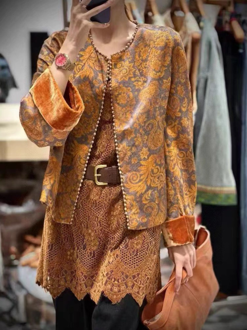 Vintage Linen Blend Print Velvet Jacket Elegant Wooden Beaded Trim Coat 1 Vintage Linen Blend Print Velvet Jacket Elegant Wooden Beaded Trim Coat