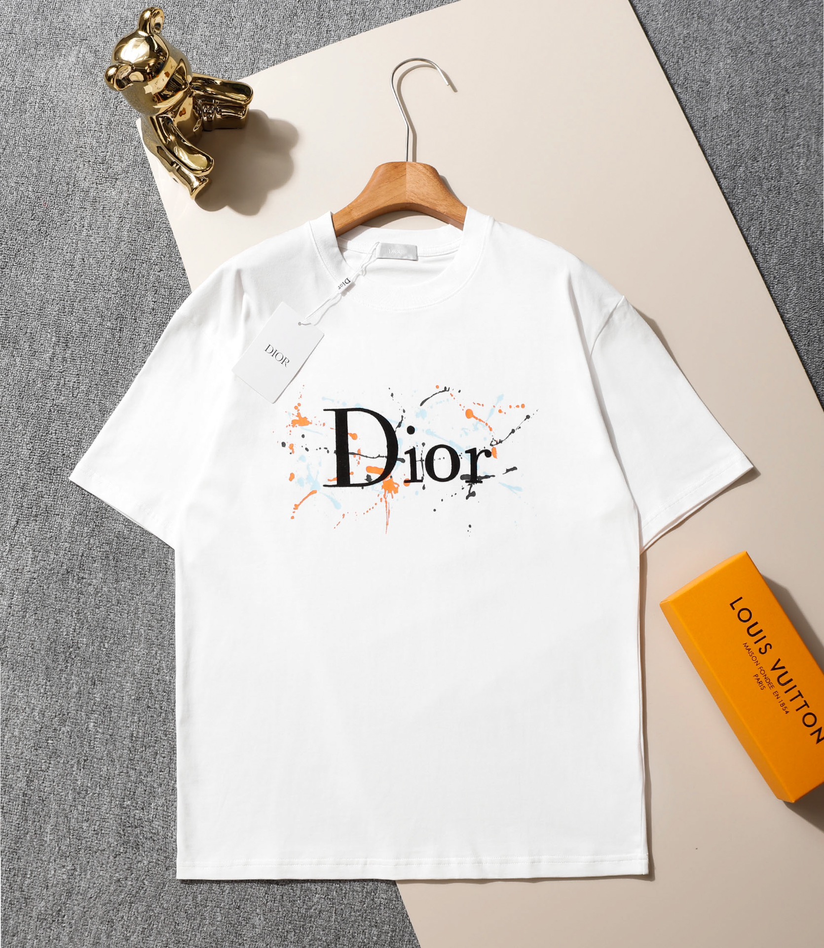 Dior AAAAA+
 Clothing T-Shirt Black White Printing Cotton Fashion Short Sleeve