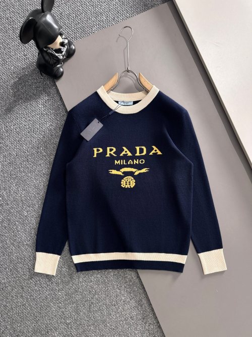 PRADA Milano Wool Blend Sweater, Striped Trim, Designer Knitwear 6 PRADA Milano Wool Blend Sweater, Striped Trim, Designer Knitwear