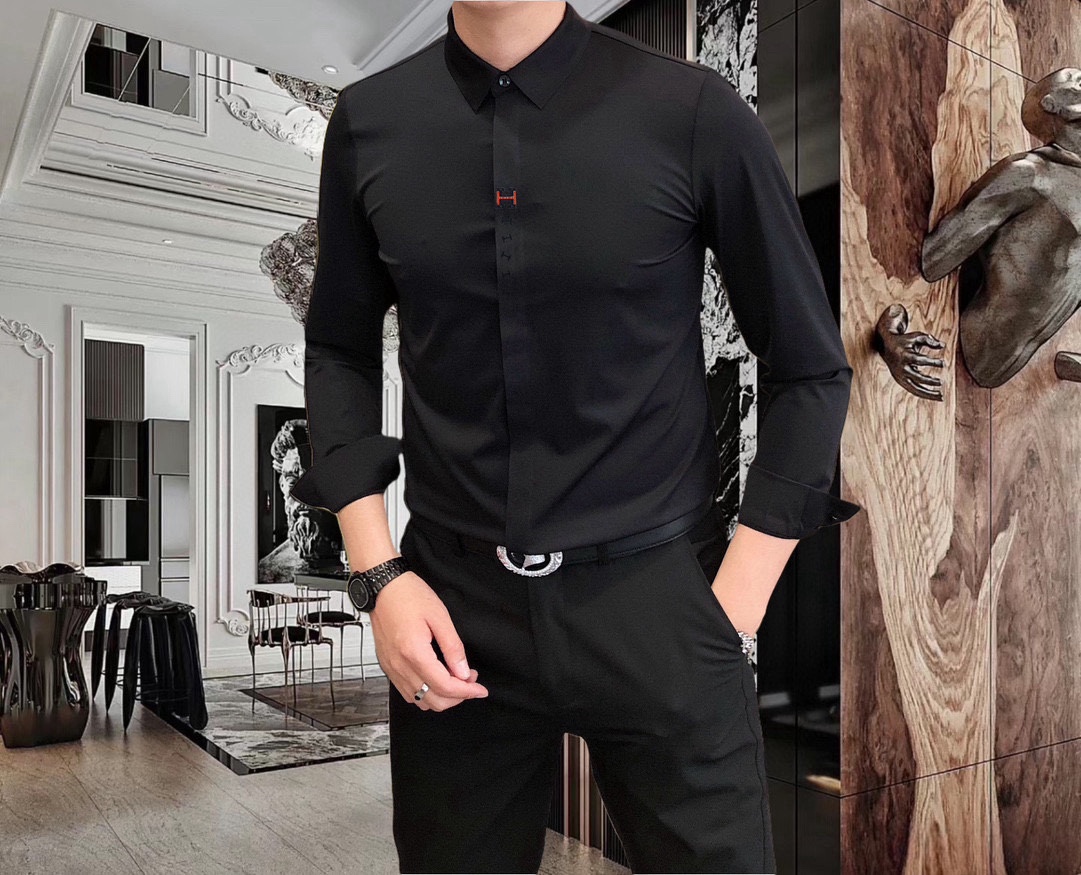 “Men’s Long-Sleeve Shirt: H*rmes Eimas 2025 Print Logo Design in Caramel and Thong Fabric” - 图片 2