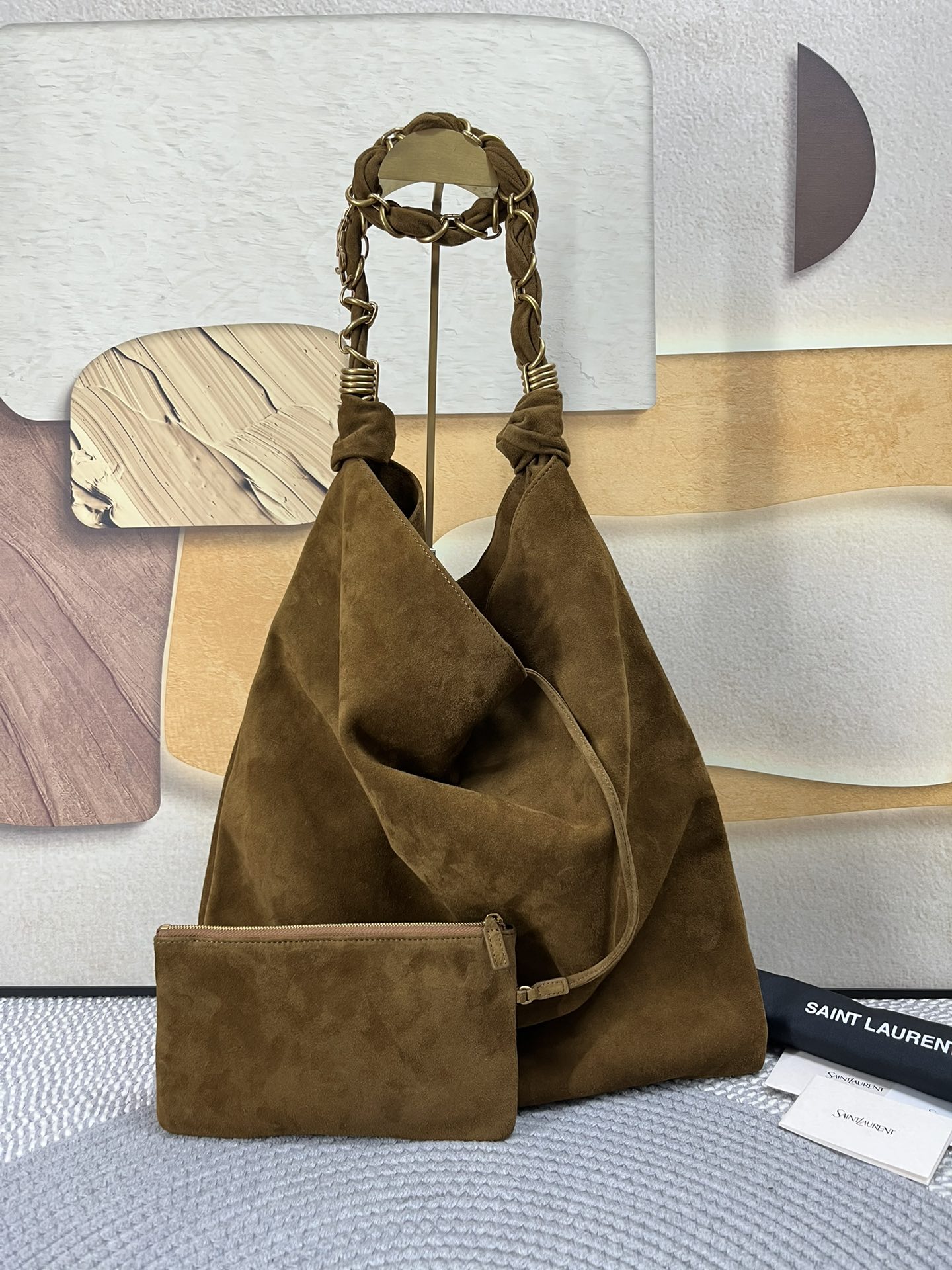 Yves Saint Laurent Amalia Suède Tas met Gevlochten Ketting - Ruime Shopper