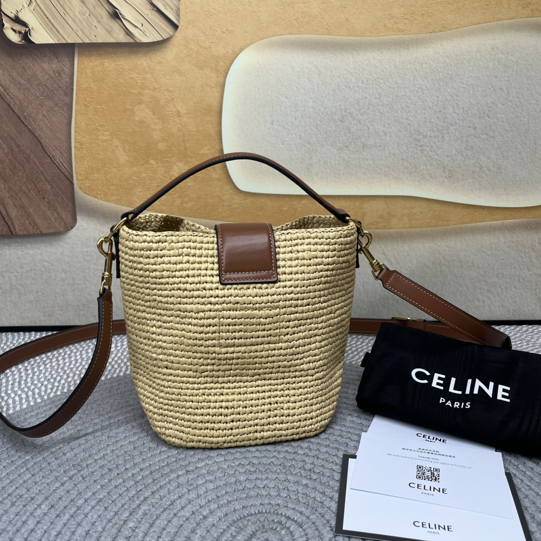 Celine Small Raffia and Calfskin Bucket Bag with Triomphe, Natural/Tan 3 i1750295890 2597 1