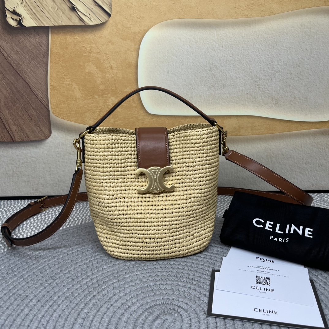 Celine Small Raffia and Calfskin Bucket Bag with Triomphe, Natural/Tan 2 i1750295890 4707 4