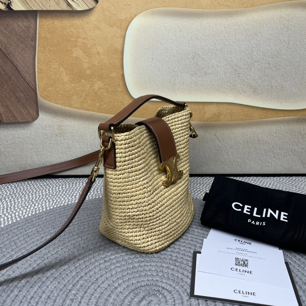 Celine Small Raffia and Calfskin Bucket Bag with Triomphe, Natural/Tan 4 i1750295890 8370 0