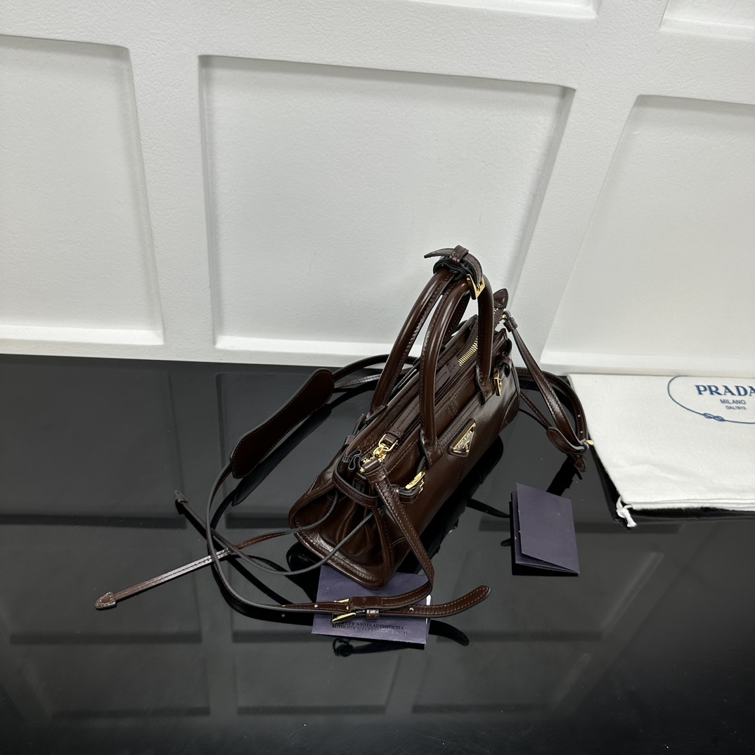 p710。[玫瑰]PRADA 新款专柜品质，顶级原单货/原厂皮，原厂五金、实物实拍，款号：1BA486迷你咖棕色、进口油腊皮/尺寸：W23.5xH12xD9cm，[胜利][胜利][胜利]🎉🎉🎉