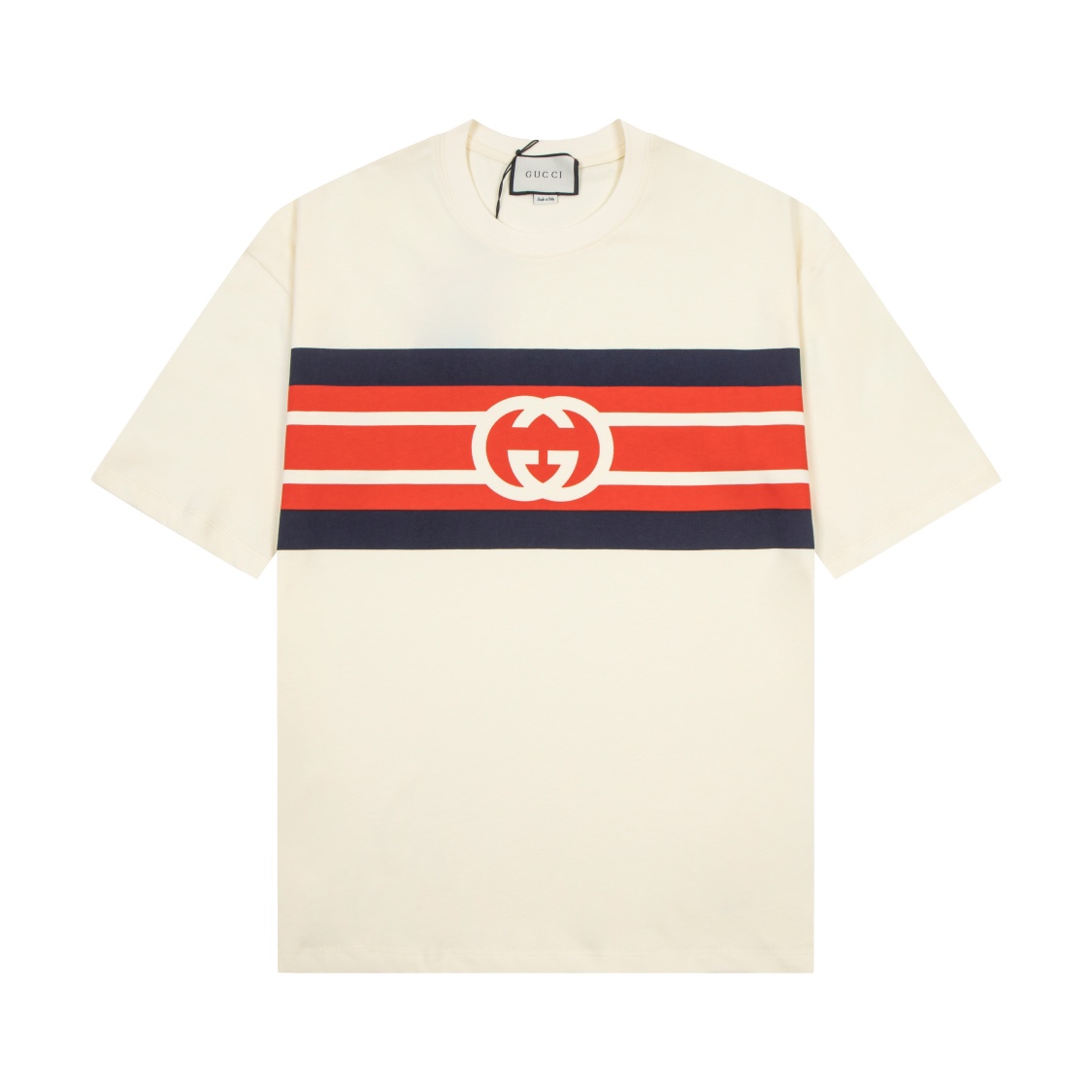【Versión superior, calidad de sitio oficial】 -GUcci Gucci doble G entrelazado con rayas estampado cuello redondo camise…