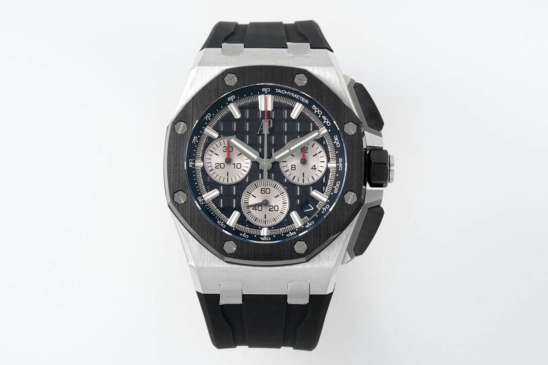 NO:392032,APS new Audemars Piguet Royal Oak Offshore 26420 Series 1 Features AP Royal Oak Offshore 26420 is one of the brand's iconic sports watch series, continuing the classic octagonal bezel and 'Tapisserie' plaid dial design, while strengthening the rough and tough style. Its 42mm case is made of stainless steel, ceramic, titanium or precious metal materials, and is equipped with anti-glare sapphire crystal glass mirror, and has a waterproof depth of dammy. The strap can be selected as rubber or metal chain strap, taking into account both sport and luxury. 2 functions 1. Chronograph function Aps is equipped with the latest 4401 automatic winding movement, equipped with a central chronograph second hand, a 30-minute and 12-hour chronograph secondary dial, and a date display window, and has a real flyback function, which is the highest level of domestic watchmaking technology 2.  Excellent performance vibration frequency is 28 times per hour, and the power reserve is about 70 hours, ensuring high precision through precise adjustment. 3. Practical design of screw-in crown and chronograph button enhances water resistance, and luminous coated hands and hour markers improves dark light readability. 3 Process 1. The all-in-one machine equipped with complex movement APS, the movement is hand-finely polished and decorated with traditional high-end watchmaking decorations such as Geneva corrugation and chamfer polishing. 2. The original mold opening of the APS case is used, and the case and bracelet adopt alternate process of brushing and polishing to highlight the sense of layering; the symmetrical assembly of the octagon bezel screw reflects strict quality control. 3. Detailed carving 'Méga Tapisserie' three-dimensional plaid dial is carved by CNC machine tools, and then plating and sandblasting, with rich color selection (such as blue, black, gray, etc.). 4 Summary  APS new Audemars Piguet 26420 series combines the brand's iconic design, complex functions and top-notch craftsmanship. It is suitable for daily wear and meets professional timing needs. It is a model work of modern sports watches. Watch friends are welcome to play with it, audemars19860909APS新品爱彼皇家橡树离岸型26420系列 1特点 AP皇家橡树离岸型26420是品牌标志性的运动腕表系列之一,延续了经典的八角形表圈与“Tapisserie”格纹表盘设计,同时强化了粗犷硬朗的风格.其42毫米表壳采用精钢、陶瓷,钛金属或贵金属材质,搭配防眩蓝宝石水晶玻璃表镜,防水深度达米.表带可选橡胶或金属链带,兼顾运动与奢华感.  2功能 1. 计时功能Aps 搭载最新4401自动上链机芯,配备中央计时秒针、30分钟和12小时计时副盘,以及日期显示窗口,并具备真飞返功能,是国内制表技术的最高境界 2. 卓越性能振频28,次/小时,动力储存约70小时,通过精准调校确保高精度.  3. 实用设计旋入式表冠和计时按钮增强防水性,夜光涂层指针和时标提升暗光可读性.  3工艺 1. 复杂机芯APS搭载的一体机,机芯经手工精细打磨,饰有日内瓦波纹、倒角抛光等传统高级制表装饰.  2. 表壳处理APS原版开模,表壳与表链采用拉丝与抛光交替工艺,凸显层次感；八角形表圈螺丝的对称装配体现严格品控.  3. 细节雕琢“Méga Tapisserie”立体格纹表盘通过数控机床雕刻,再经电镀和喷砂处理,色彩选择丰富（如蓝、黑、灰等）.  4总结 APS新品爱彼26420系列融合了品牌标志性设计、复杂功能与顶级工艺,既适合日常佩戴,亦能满足专业计时需求,堪称现代运动腕表的典范之作.欢迎表友把玩,,audemars,Watch