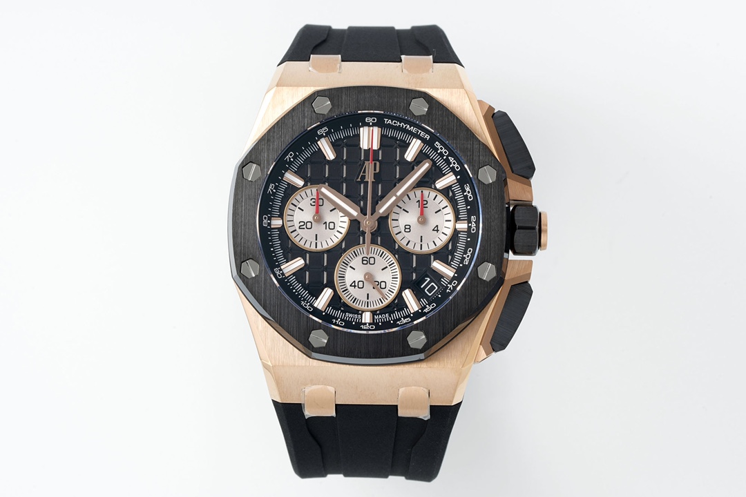 NO:394599,APS new Audemars Piguet Royal Oak Offshore 26420 Series 1 Features AP Royal Oak Offshore 26420 is one of the brand's iconic sports watch series, continuing the classic octagonal bezel and 'Tapisserie' plaid dial design, while strengthening the rough and tough style. Its 42mm case is made of stainless steel, ceramic, titanium or precious metal materials, and is equipped with anti-glare sapphire crystal glass mirror, and has a waterproof depth of dammy. The strap can be selected as rubber or metal chain strap, taking into account both sport and luxury. 2 functions 1. Chronograph function Aps is equipped with the latest 4401 automatic winding movement, equipped with a central chronograph second hand, a 30-minute and 12-hour chronograph secondary dial, and a date display window, and has a real flyback function, which is the highest level of domestic watchmaking technology 2.  Excellent performance vibration frequency is 28 times per hour, and the power reserve is about 70 hours, ensuring high precision through precise adjustment. 3. Practical design of screw-in crown and chronograph button enhances water resistance, and luminous coated hands and hour markers improves dark light readability. 3 Process 1. The all-in-one machine equipped with complex movement APS, the movement is hand-finely polished and decorated with traditional high-end watchmaking decorations such as Geneva corrugation and chamfer polishing. 2. The original mold opening of the APS case is used, and the case and bracelet adopt alternate process of brushing and polishing to highlight the sense of layering; the symmetrical assembly of the octagon bezel screw reflects strict quality control. 3. Detailed carving 'Méga Tapisserie' three-dimensional plaid dial is carved by CNC machine tools, and then plating and sandblasting, with rich color selection (such as blue, black, gray, etc.). 4 Summary  APS new Audemars Piguet 26420 series combines the brand's iconic design, complex functions and top-notch craftsmanship. It is suitable for daily wear and meets professional timing needs. It is a model work of modern sports watches. Watch friends are welcome to play with it, audemars19860909APS新品爱彼皇家橡树离岸型26420系列 1特点 AP皇家橡树离岸型26420是品牌标志性的运动腕表系列之一,延续了经典的八角形表圈与“Tapisserie”格纹表盘设计,同时强化了粗犷硬朗的风格.其42毫米表壳采用精钢、陶瓷,钛金属或贵金属材质,搭配防眩蓝宝石水晶玻璃表镜,防水深度达米.表带可选橡胶或金属链带,兼顾运动与奢华感.  2功能 1. 计时功能Aps 搭载最新4401自动上链机芯,配备中央计时秒针、30分钟和12小时计时副盘,以及日期显示窗口,并具备真飞返功能,是国内制表技术的最高境界 2. 卓越性能振频28,次/小时,动力储存约70小时,通过精准调校确保高精度.  3. 实用设计旋入式表冠和计时按钮增强防水性,夜光涂层指针和时标提升暗光可读性.  3工艺 1. 复杂机芯APS搭载的一体机,机芯经手工精细打磨,饰有日内瓦波纹、倒角抛光等传统高级制表装饰.  2. 表壳处理APS原版开模,表壳与表链采用拉丝与抛光交替工艺,凸显层次感；八角形表圈螺丝的对称装配体现严格品控.  3. 细节雕琢“Méga Tapisserie”立体格纹表盘通过数控机床雕刻,再经电镀和喷砂处理,色彩选择丰富（如蓝、黑、灰等）.  4总结 APS新品爱彼26420系列融合了品牌标志性设计、复杂功能与顶级工艺,既适合日常佩戴,亦能满足专业计时需求,堪称现代运动腕表的典范之作.欢迎表友把玩,,audemars,Watch